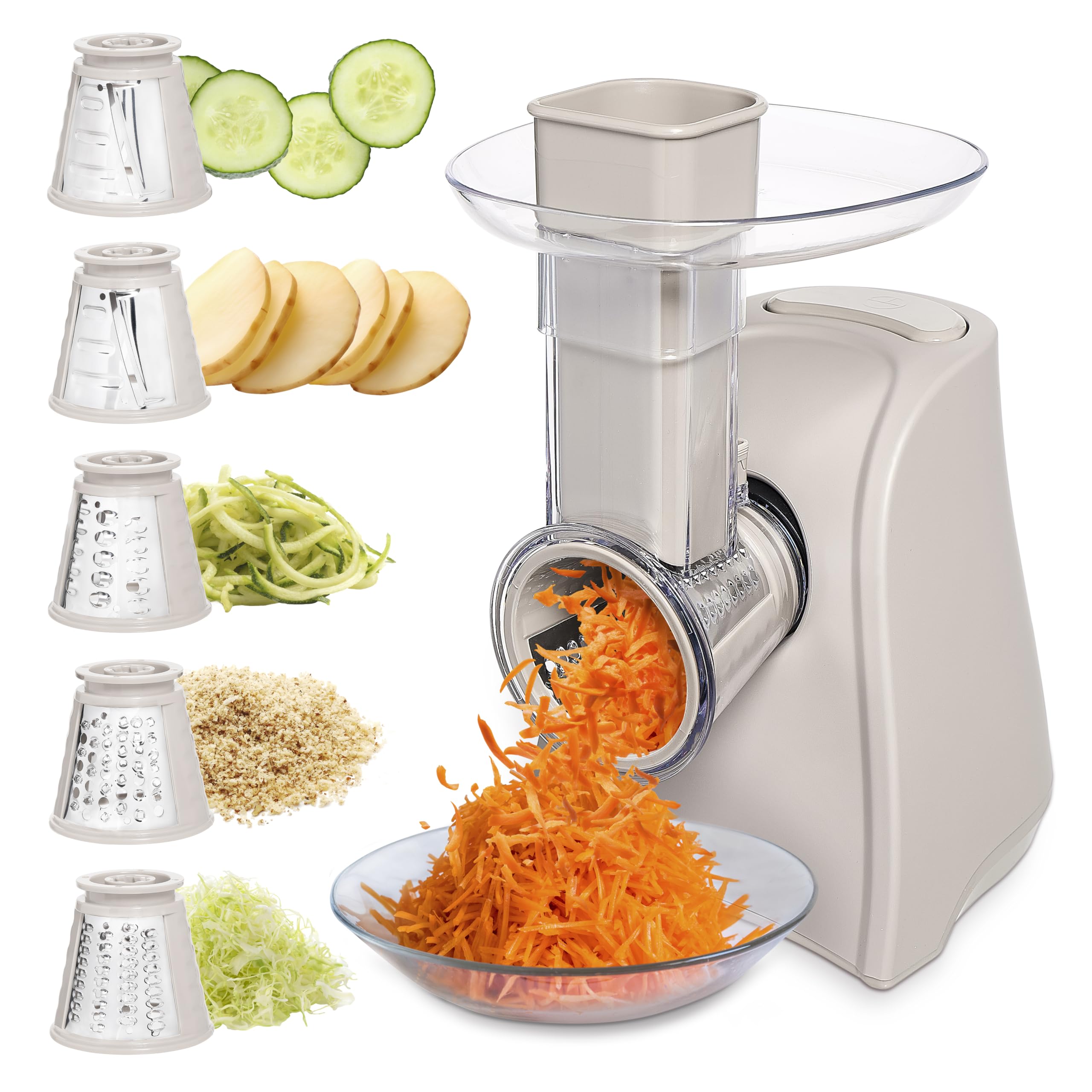COOK WITH COLOR 5-in-1 Electric Slicer, 150W Food Prep Machine – Cheese Shredder, Fine &amp; Coarse Graters, Potato Grater, Vegetable Slicer, Fruit, Salad Shooter, Compact Design for Bowl Prep, Sand