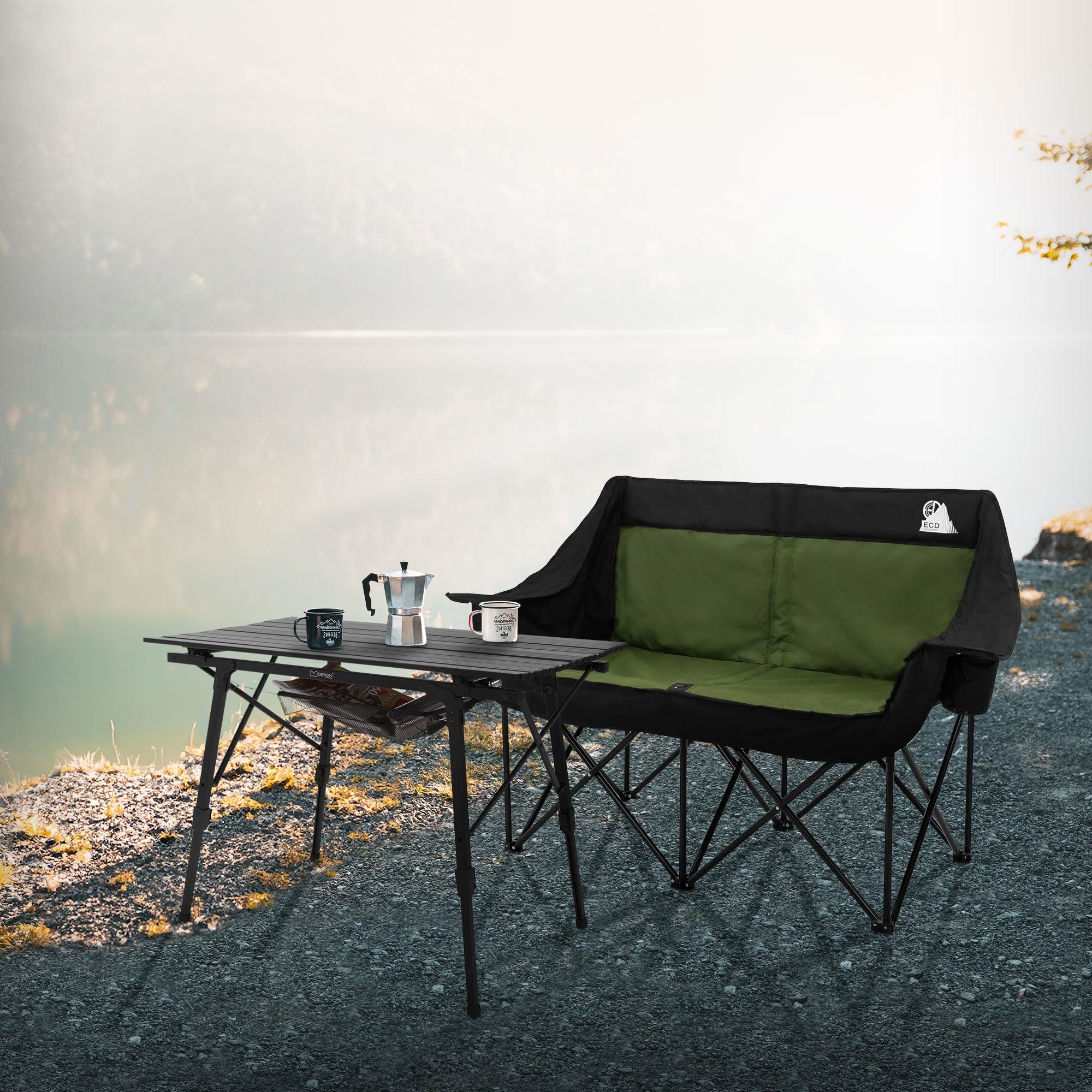 ECD Germany Podwójny Fotel Campingowy Khaki, Krzeslo Outdoor 2 Osobowe z Metalowa Konstrukcja, Skladana Sofa Turystyczna z Uchwytami na Napoje i Torba, Wyscielane Siedzisko na Camping i Wedkowanie