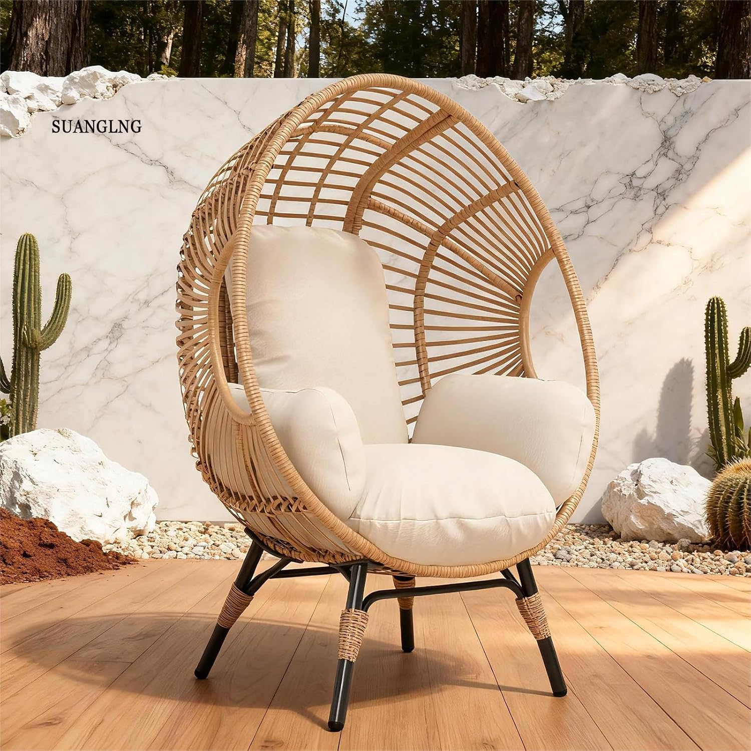 Egg Chair Outdoor with 8-Inch Cushion, PE Rattan and Iron, Black and Gray, 400 lb Capacity, for Garden and Outdoor Patio Egg Chair Cushion (Black+ Gray)