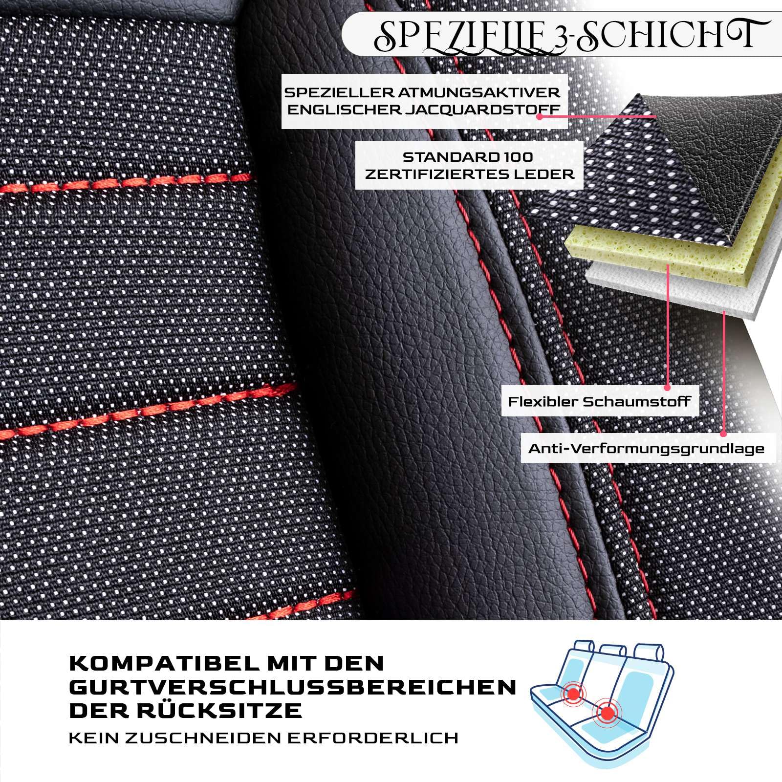 Autositzbezüge Universal – Premium Autozubehör Innenraum für PKW & SUV – Jacquard Sitzauflage, Autoschonbezug Auto, Airbag-kompatibel, Schwarz-Rot, Vordersitz-Set inkl. Montageset