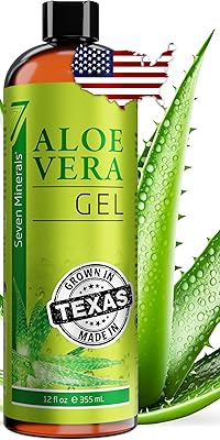 Seven Minerals Organic Aloe Vera Gel from freshly cut 100% Pure Aloe - Big 12oz - HighestQuality, Texas grown, Vegan, Unscented - For Face, Skin, Hair, Sunburn relief
