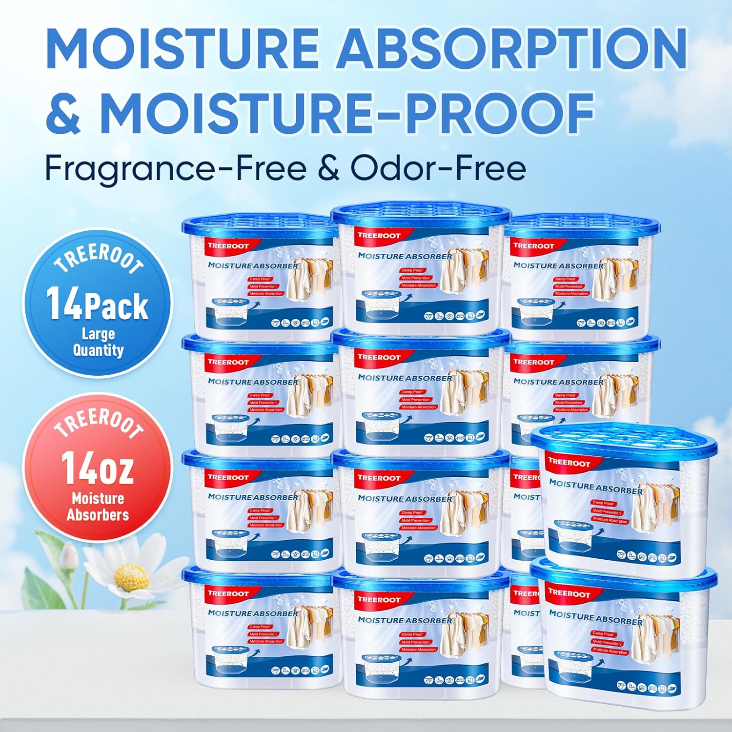 14 Pack Moisture Absorbers, 14 OZ Humidity Absorber Bucket, Moisture Absorbers for Closet, Dehumidifier Bucket for Wardrobes, Kitchens and Bathrooms, Fragrance Free Humidity Absorber