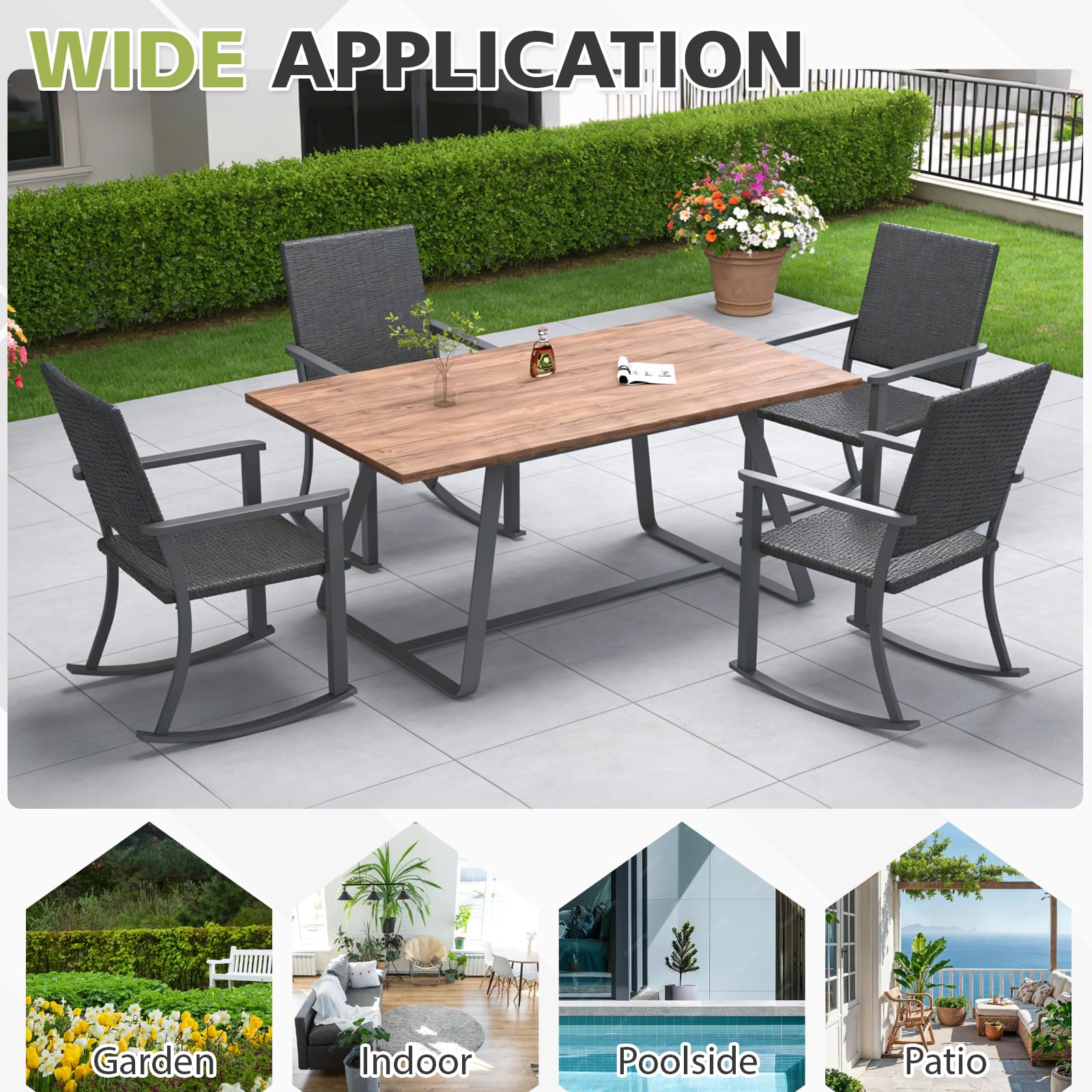 YODOLLA Schaukelstuhl, Außen Rattan Feuerschale Terrassestühle mit Armlehnen & Metallrahmen, Allwetter Gartenmöbel-Set für Hinterhof Terrasse Garten, Schwarz (1 STK.)
