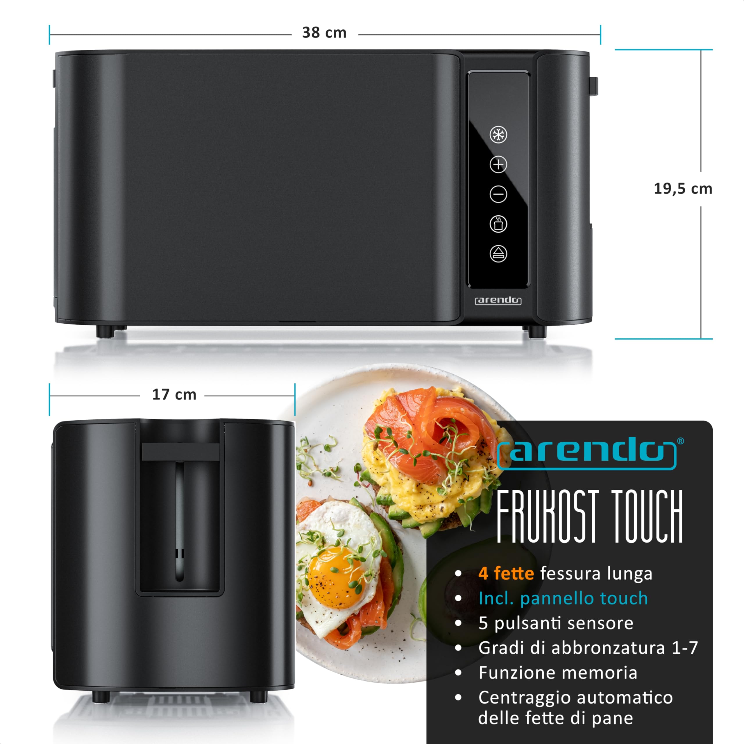 Arendo Tostapane 4 fessure lunghe 1500 W, display touch, doppio guscio, supporto per brioche, 7 livelli di tostatura, centratura e display del tempo rimanente, funzione memoria