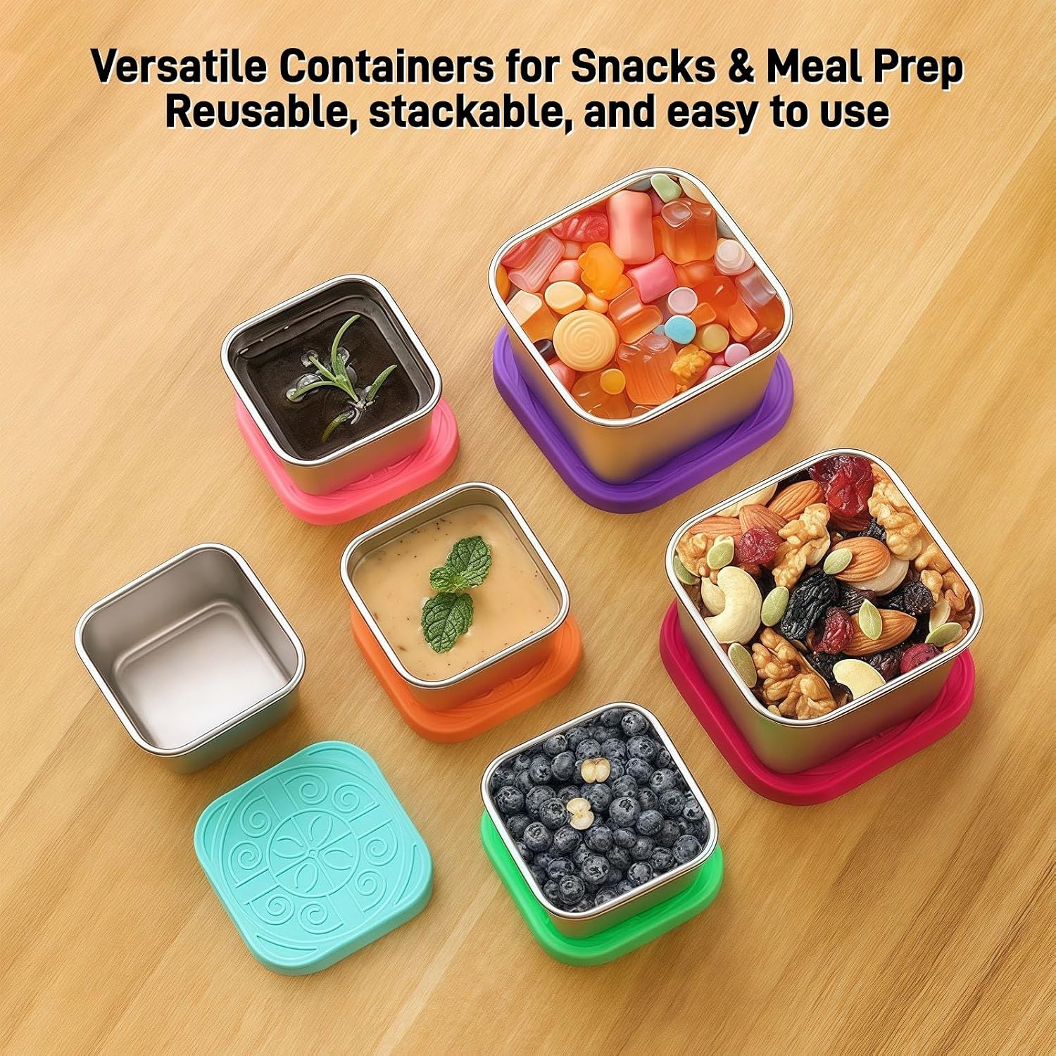 Stainless Steel Condiment Containers with Silicone Lids – 2 Sizes (2oz & 6oz) – Reusable Square Sauce Containers for Lunch Box, Salad Dressing, Snacks – 6 Pack Set (Small) image 3