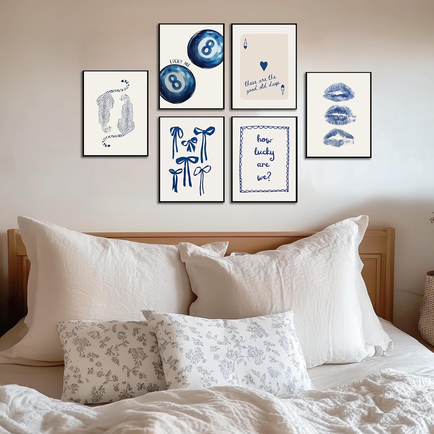 Blue Preppy Wall Art Cheetah Canvas Prints Funky Lucky 8 Ball Poster Blue Bow Preppy Girly Painting Trendy Navy Preppy Aesthetic Picture Wall Decor for Girls Room Dorm Apartment 12x16" Unframed, 6 Pcs