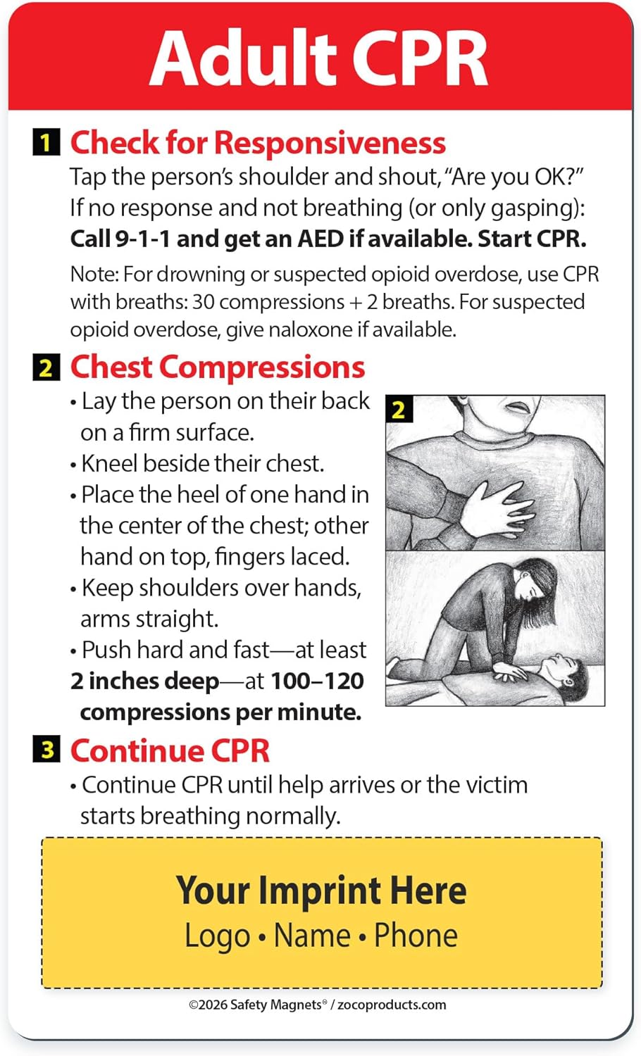 Safety Magnets – Adult CPR Custom Magnets (100-Pack) – Personalized Promotional Handout for Hospitals, Doctors, Clinics, Trade Shows, Conferences & Safety Events – 3" x 5"