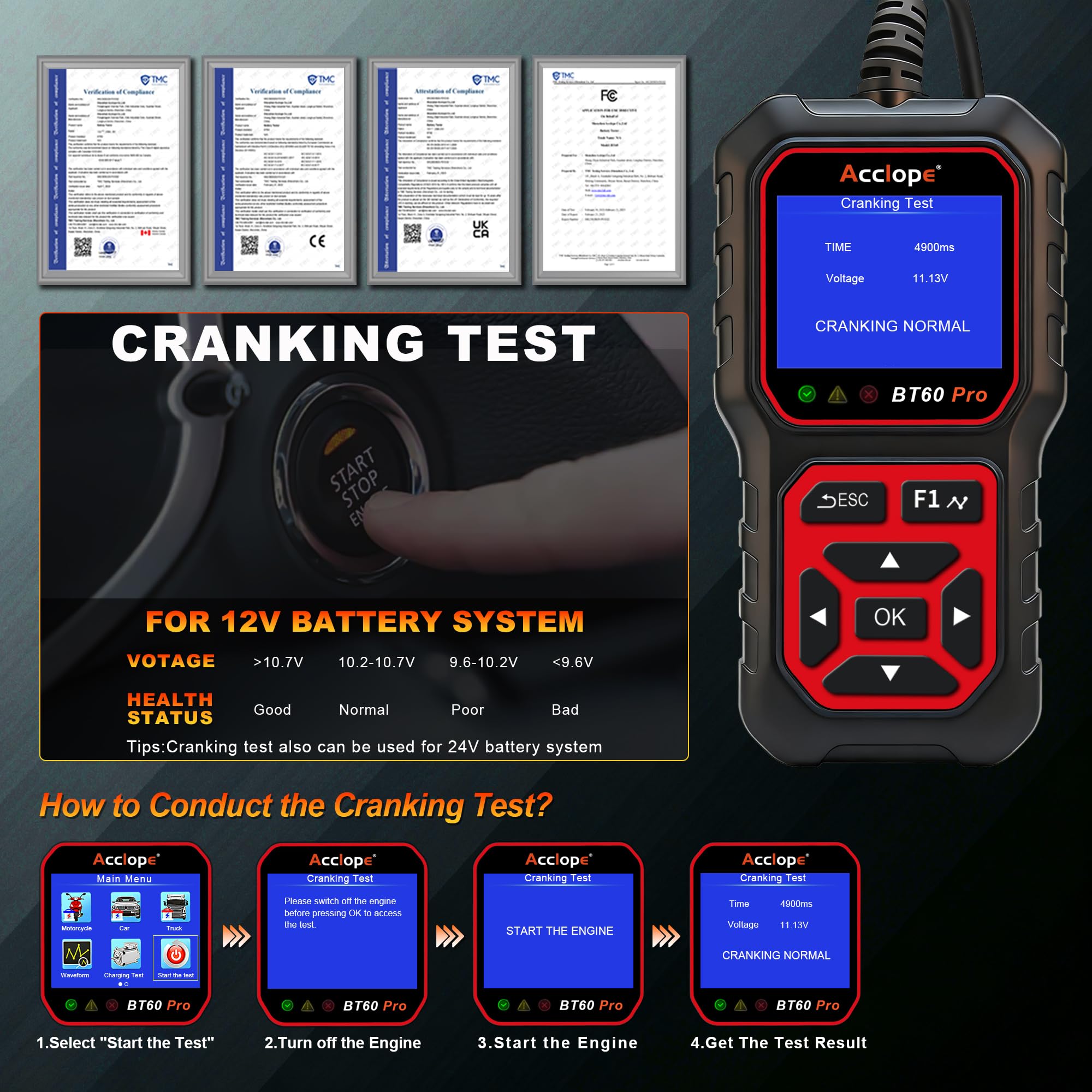 BT60 Pro Tester Digitale per Batterie Auto, CCA 100-3000, Analizzatore 6V 12V 24V, Sistema di Diagnostica Alternatore per Auto, Moto, Camion, Compatibile con AGM, Litio, Gel