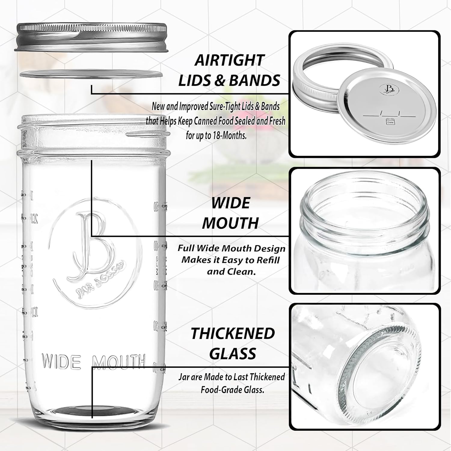Wide Mouth Mason Jars 24 oz - (2 Pack) - Clear Glass Pint and a Half Mason Jars With Airtight Lids and Bands. For Storage, Canning, Fermenting, Cold Brew Coffee, Freezing, Microwave & Dishwasher Safe - Image 3