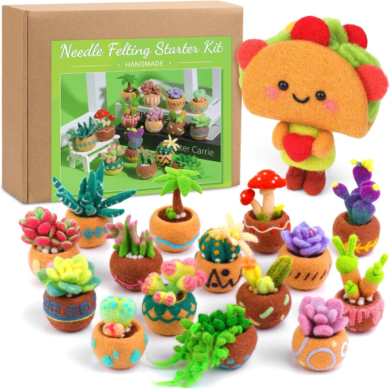 Yizzvb Needle Felting Kit, 15 Pcs Succulent Felting Kit Cute Taco Felting Kit for Beginners Adult Including Instruction Wool Roving Foam Pad Needles DIY Craft Home Decoration Craft Party Supplies
