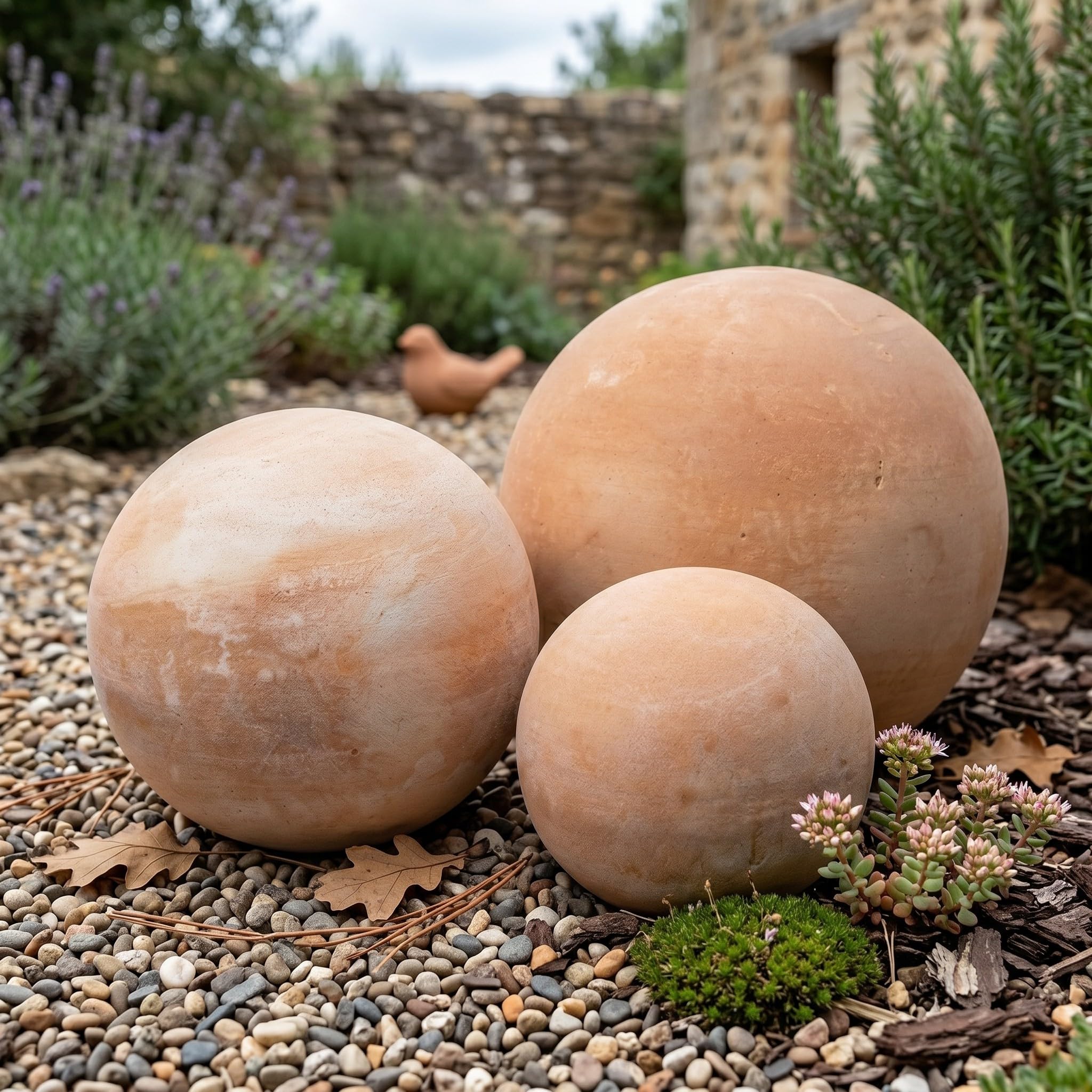 Teramico Palline da giardino in terracotta, 12 cm – 28 cm, assolutamente resistenti al gelo, con stella/lampada a olio, sfera decorativa da giardino per esterni, prodotto di qualità (28 cm)
