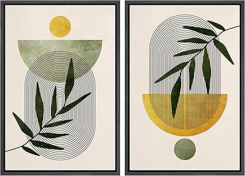 Miniatura 41 de IDEA4WALL Lienzo enmarcado para pared, juego de arte Bauhaus dorado de mediados de siglo, patrón de cuadrícula moderna, ilustraciones con formas