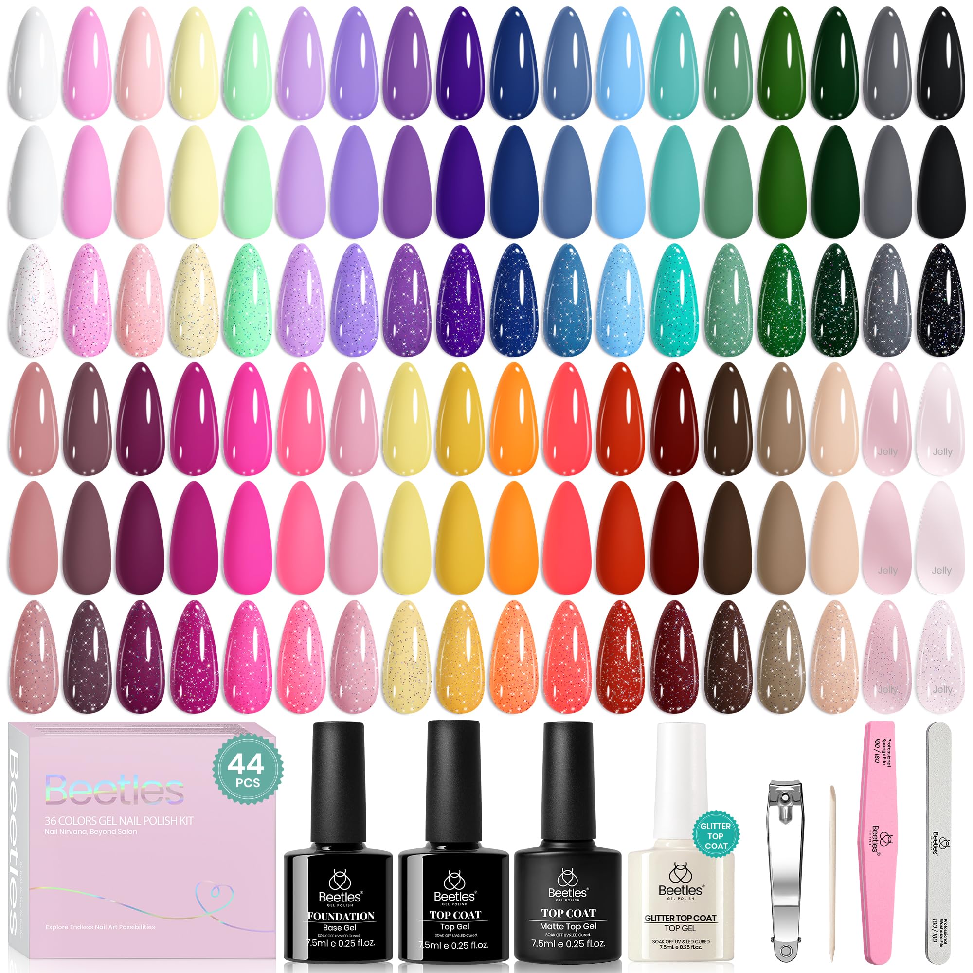 beetles Gel Polish Set Vivid Seasons - Spring Gel Nail Polish Set 36 Colors Pink Yellow Green Purple Jelly Shades 45pcs with Base & Top Coat UV LED Soak Off DIY Salon Valentines Gift for Women & Girls