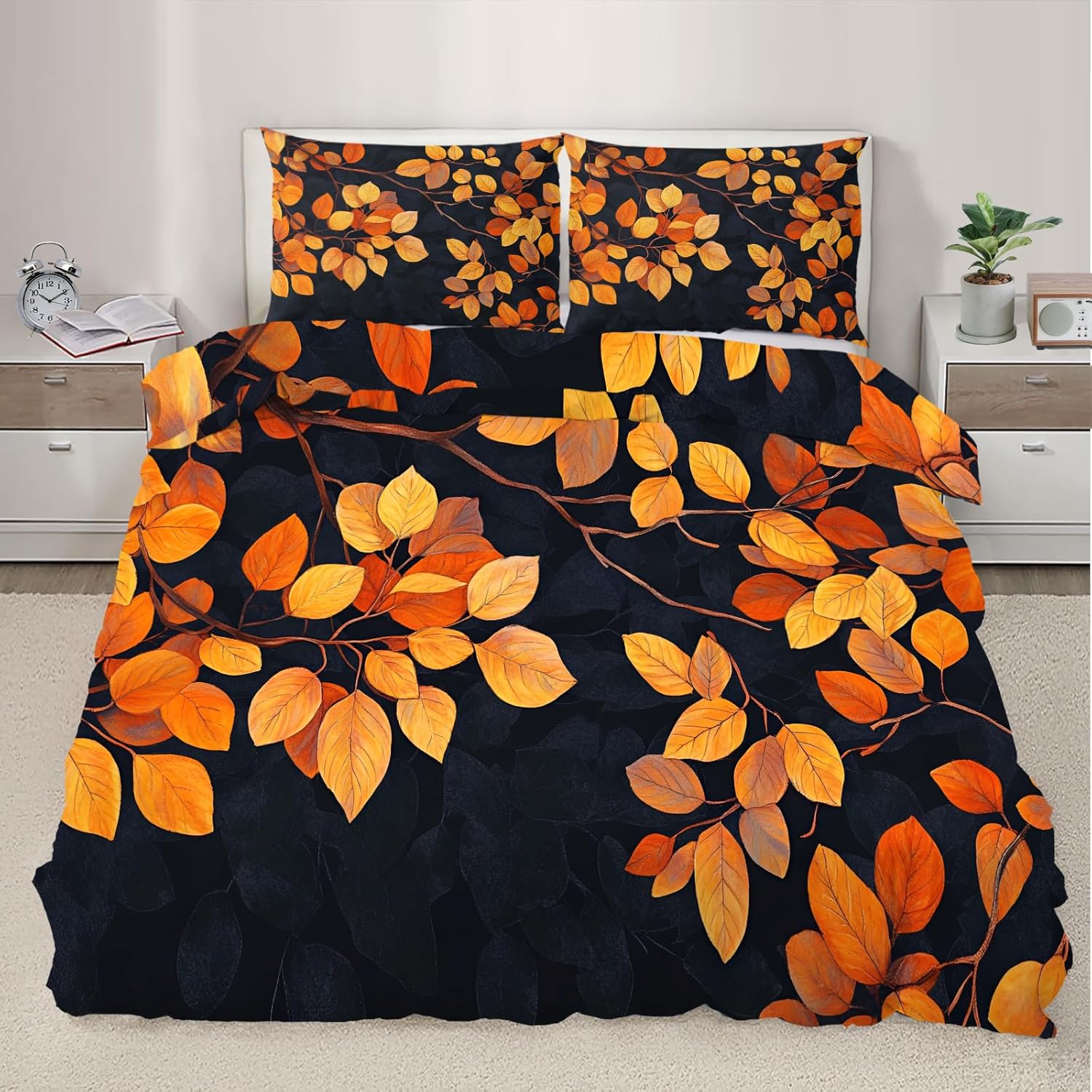 Soft Leaves Comforter Set, King Size, Plush Quilted Bedding with Pillowcases