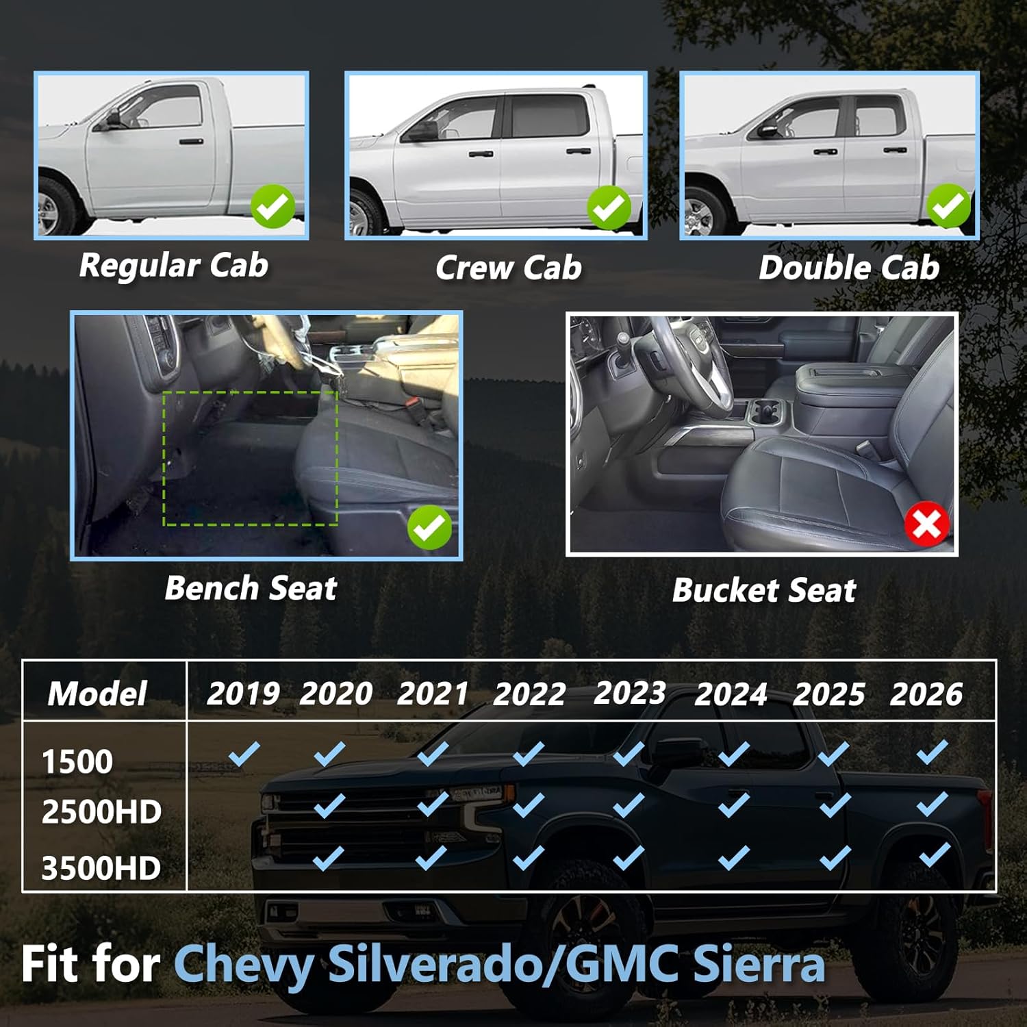 AOMSAZTO Floor Mats for 2019-2026 Chevy Silverado 1500 / GMC Sierra 1500, 2020-2026 Silverado/Sierra 2500HD / 3500HD - 1st Row Bench Seat Car Liner for Chevrolet Silverado (Front Row) - Image 3