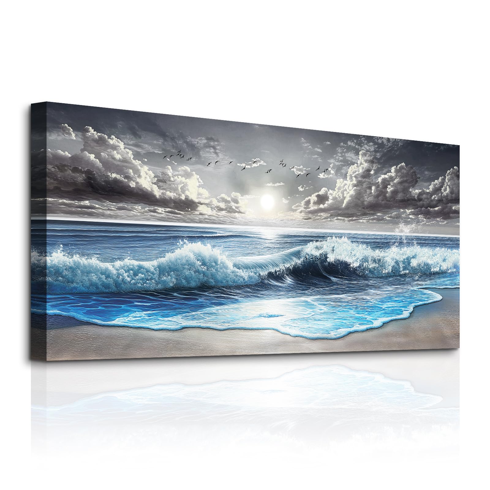 SERIMINO Cuadros Decoracion Laminas Playa Mar Modernos Grandes 50x100 cm | Costa Azul Ondas, Lona Protegida Madera, Impresión Hd Nítido, Montaje Sencillo, Multi Espacios