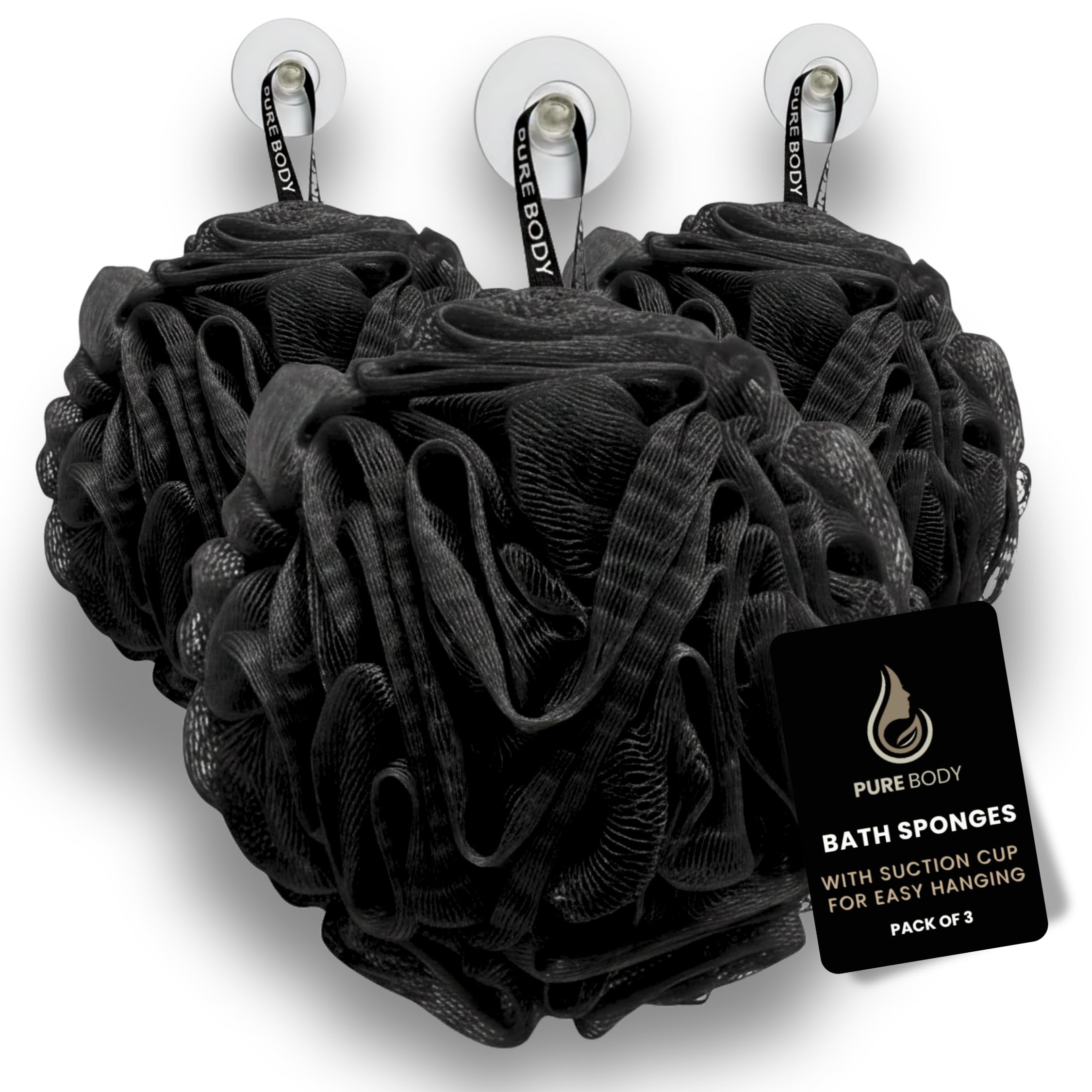 Large Black Bath Sponge, Gentle Exfoliation Mesh Sponges, Long Lasting Loofah with Suction Cup Attached, Easy Hang to Dry Pack of 3