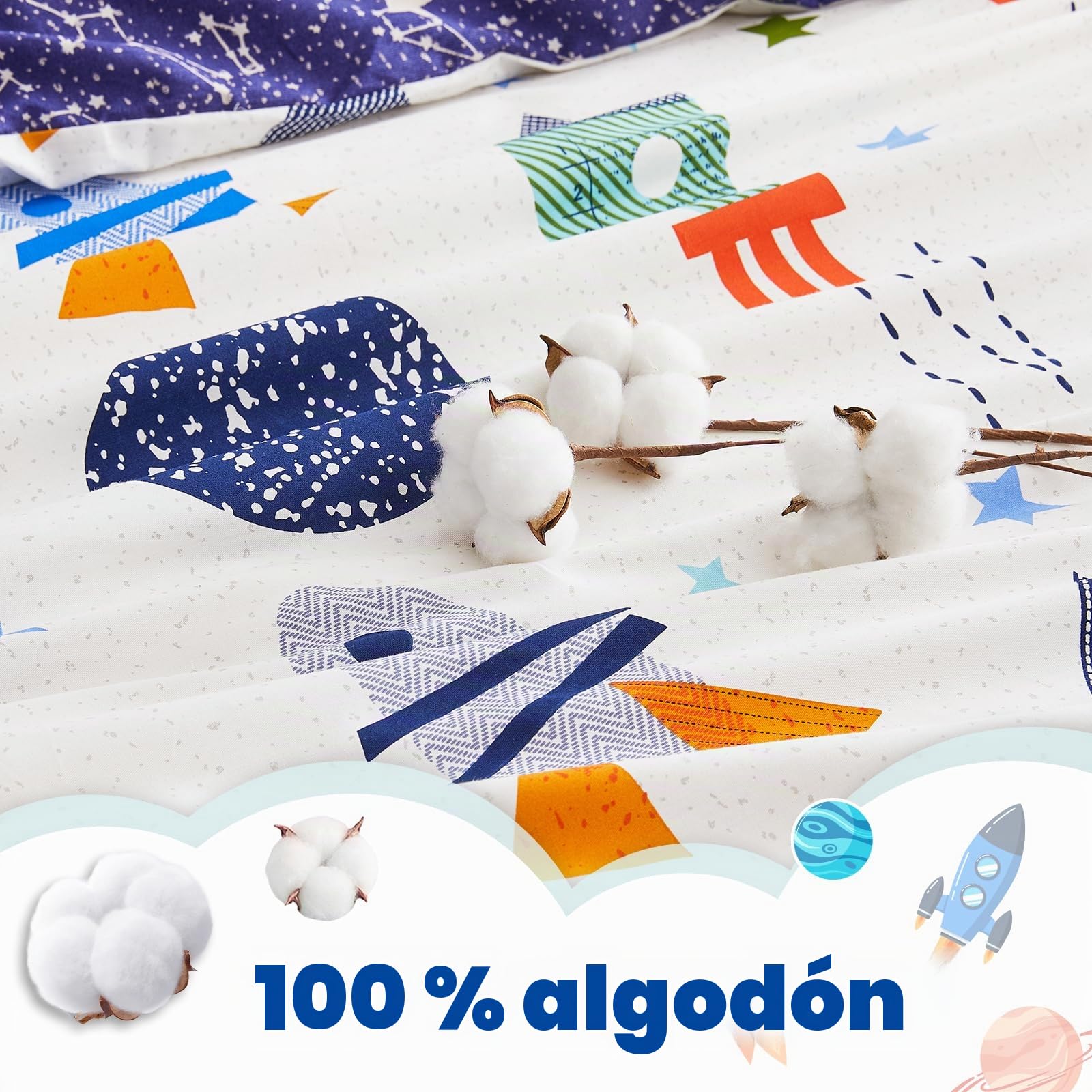 Qucover Juego de Cama para Niño Cama 105 Funda Nordica Infantil 155x220 cm,100% Algodón, Cama Individual, Reversible Diseño de Cosmos para Dormitorio de los Niños
