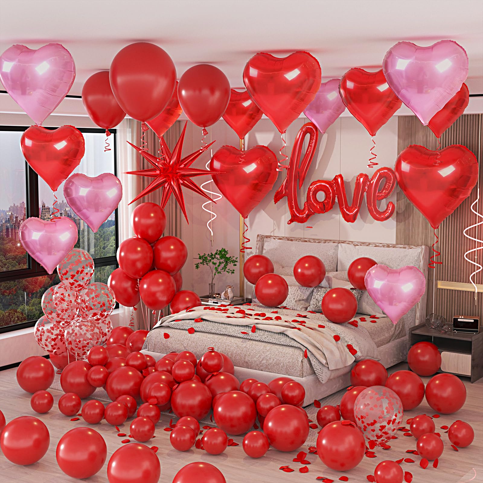 Baolaiballoon Valentine's Day Balloons: 87pc Red & Rose Gold Heart & Starburst Balloons, I Love You Letters, Silk Rose Petals for Valentine's Day,