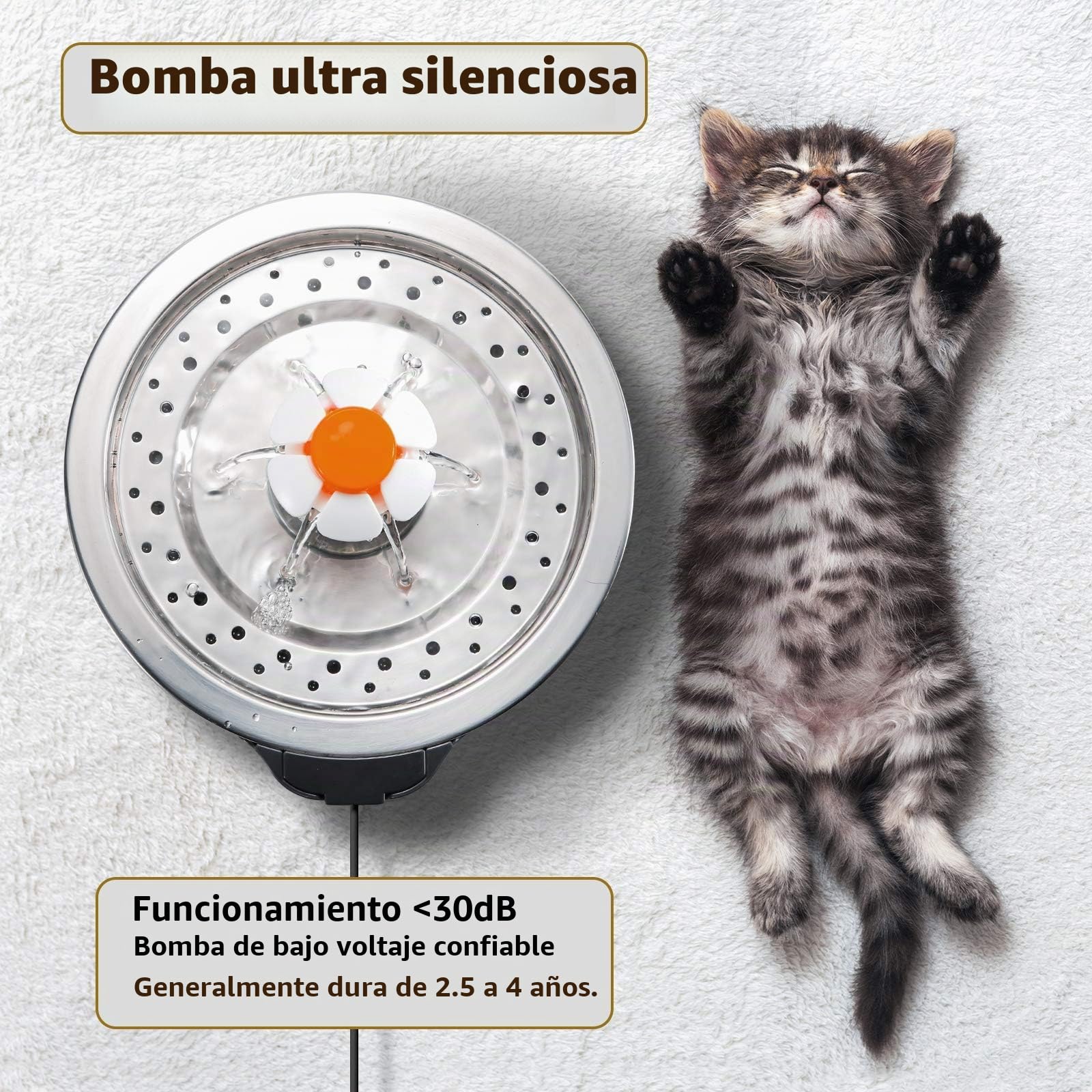 iPettie Fuente de Agua para Gatos, Acero Inoxidable, 2.5 L, filtración de 4 etapas, Fuente de Agua de Metal Ultra silenciosa con luz LED y Filtro para Mascotas, Gatitos y Perros