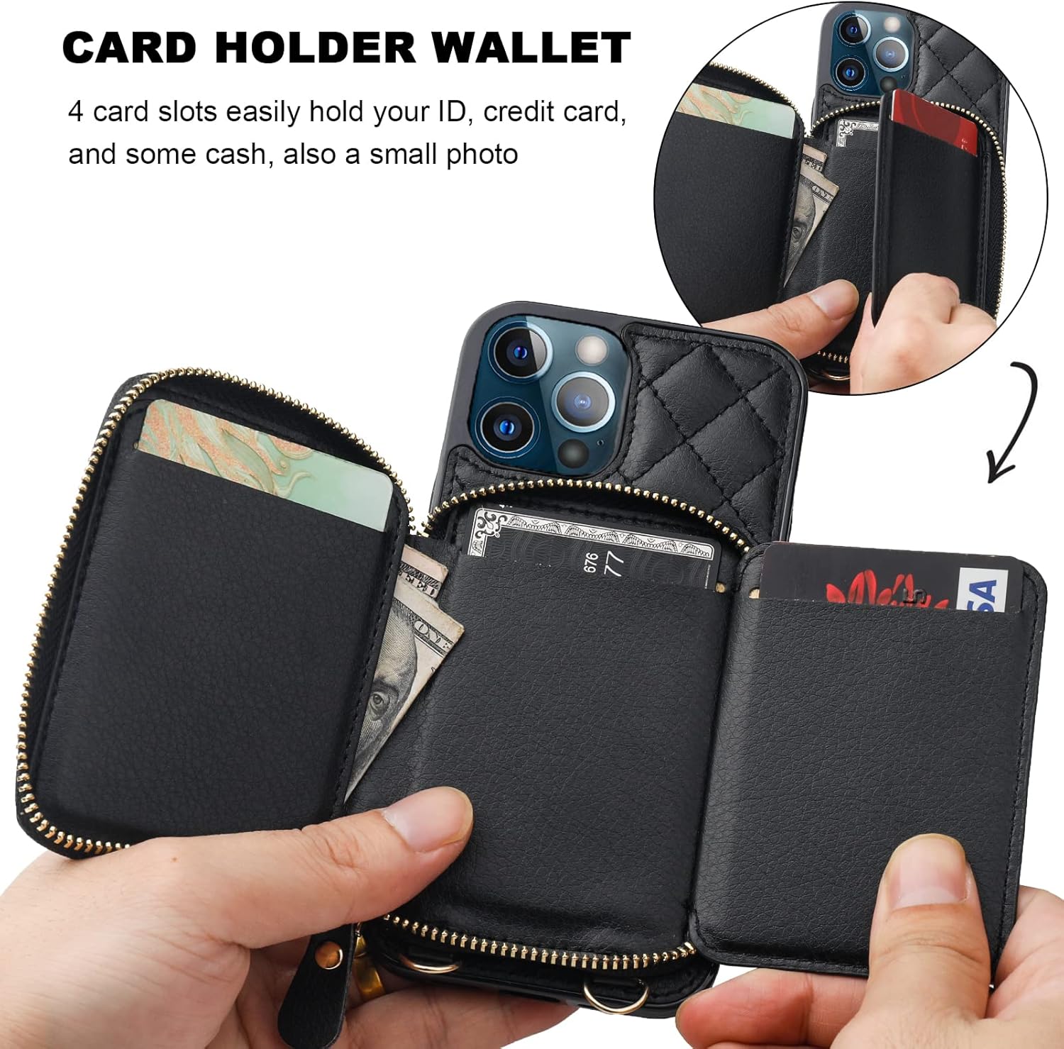 Bocasal Crossbody Wallet Case for iPhone 13 Pro, RFID Blocking PU Leather Zipper Handbag Purse Flip Cover, Kickstand Folio Case with Card Slots Holder Wrist Strap Lanyard 5G 6.1 Inch (Black) - Image 4