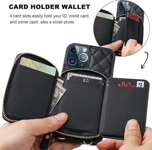 Miniatura 4 de Bocasal Funda tipo cartera cruzada para iPhone 13 Pro, con bloqueo RFID, de piel sintética, con cremallera, funda tipo cartera con función atril y