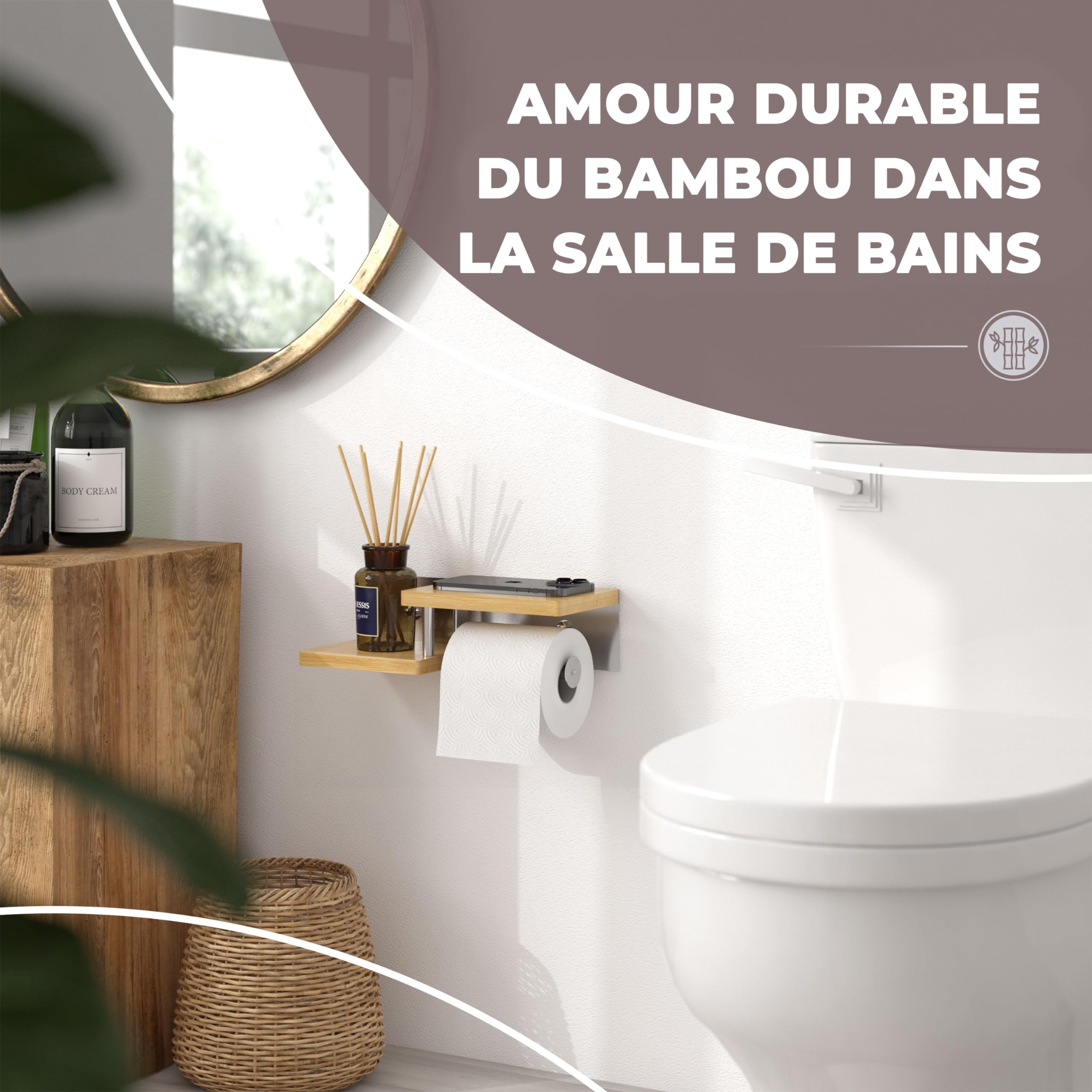 Porte Papier Toilette En Bambou Avec Étagère - Double Rouleau, Fixation Murale Ou Adhésive, Pour Salle De Bain Ou Toilettes