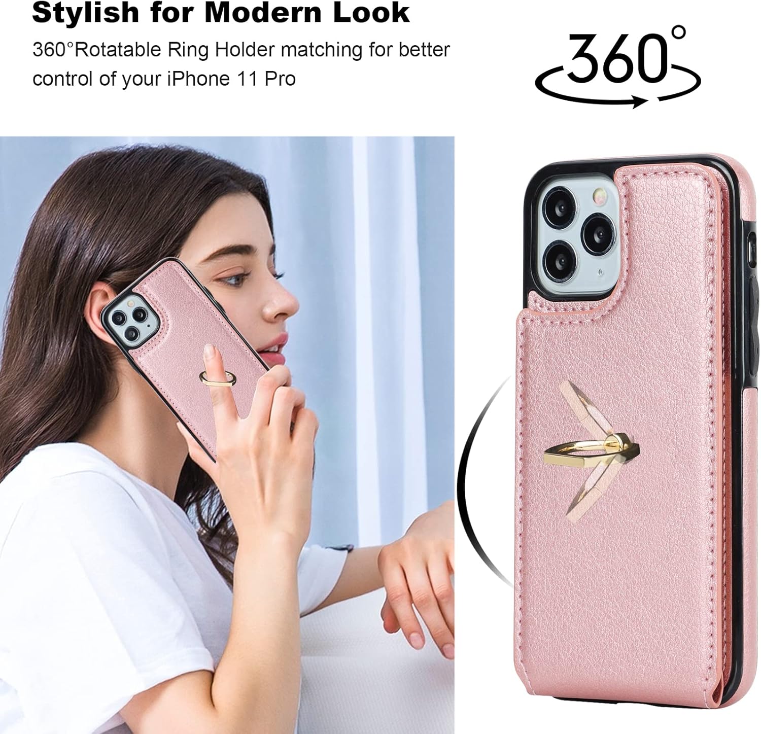 Folosu Compatible with iPhone 11 Pro Case Wallet with Card Holder, 360°Rotation Finger Ring Holder Kickstand Protective RFID Blocking PU Leather Double Buttons Flip Cover 5.8 Inch Rose Gold