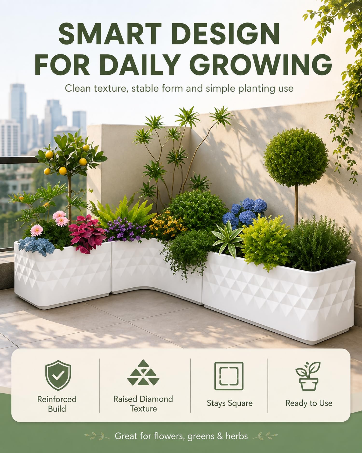 Jardinera Exterior Grande con Patrón De Diamante, Forma Reforzada Y Drenaje, Jardinera Elevada para Balcón, Macetero Exterior para Flores Y Plantas Pequeñas,Blanca,58 * 58 * 30cm