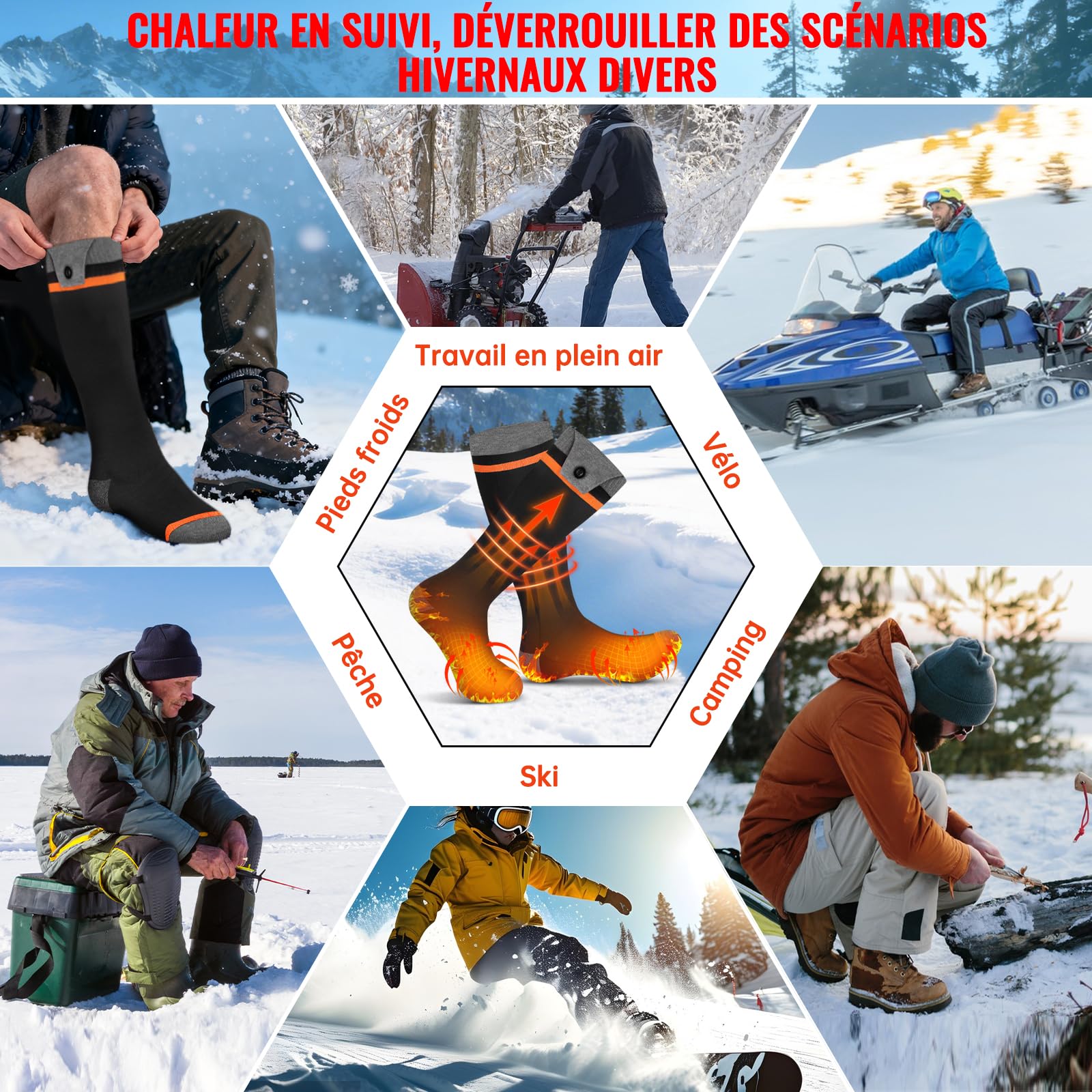 Chaussettes Chauffantes Électriques avec Batterie 8500mAh, Télécommande APP, 70°C, pour Ski Camping Cyclisme
