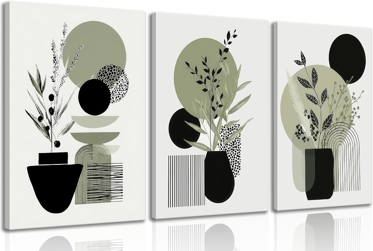 MDHFJEAW 3 Piece Sage Green Boho Canvas Wall Art - Modern Abstract Botanical Leaf Painting with Geometric Lines, Minimalist Green Wall Decor for Living Room, Bedroom, Office, 16x24 Inch