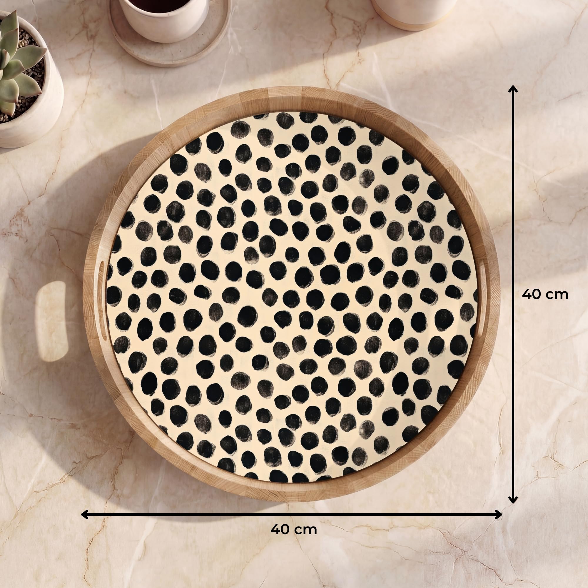 Bandejas Redonda 40x40 cm Bandeja Cafe para Servir Comida Bonitas Resistente Al Calor Tray De Madera Desayuno Cocina Tabuleiro Lunares - Patrón - Negro