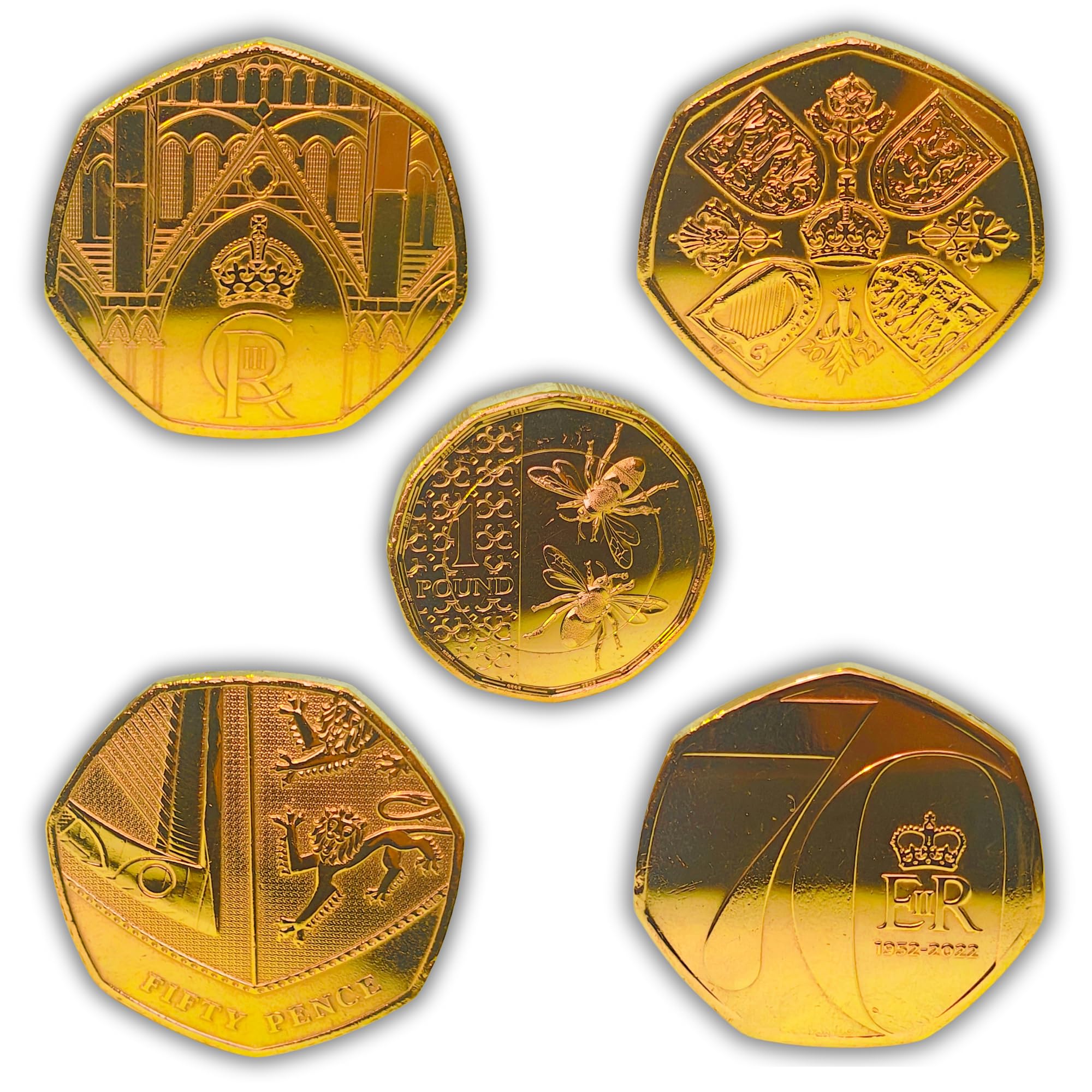 24K Gold Plated Uncirculated 5 Coin Set 2023 King Charles III Coronation 50p | 2022 Queen Elizabeth | 2022 Platinum Jubilee | 2020 Royal Shield| 2023 Bees £1 Coin | Coins for Collectors |COA