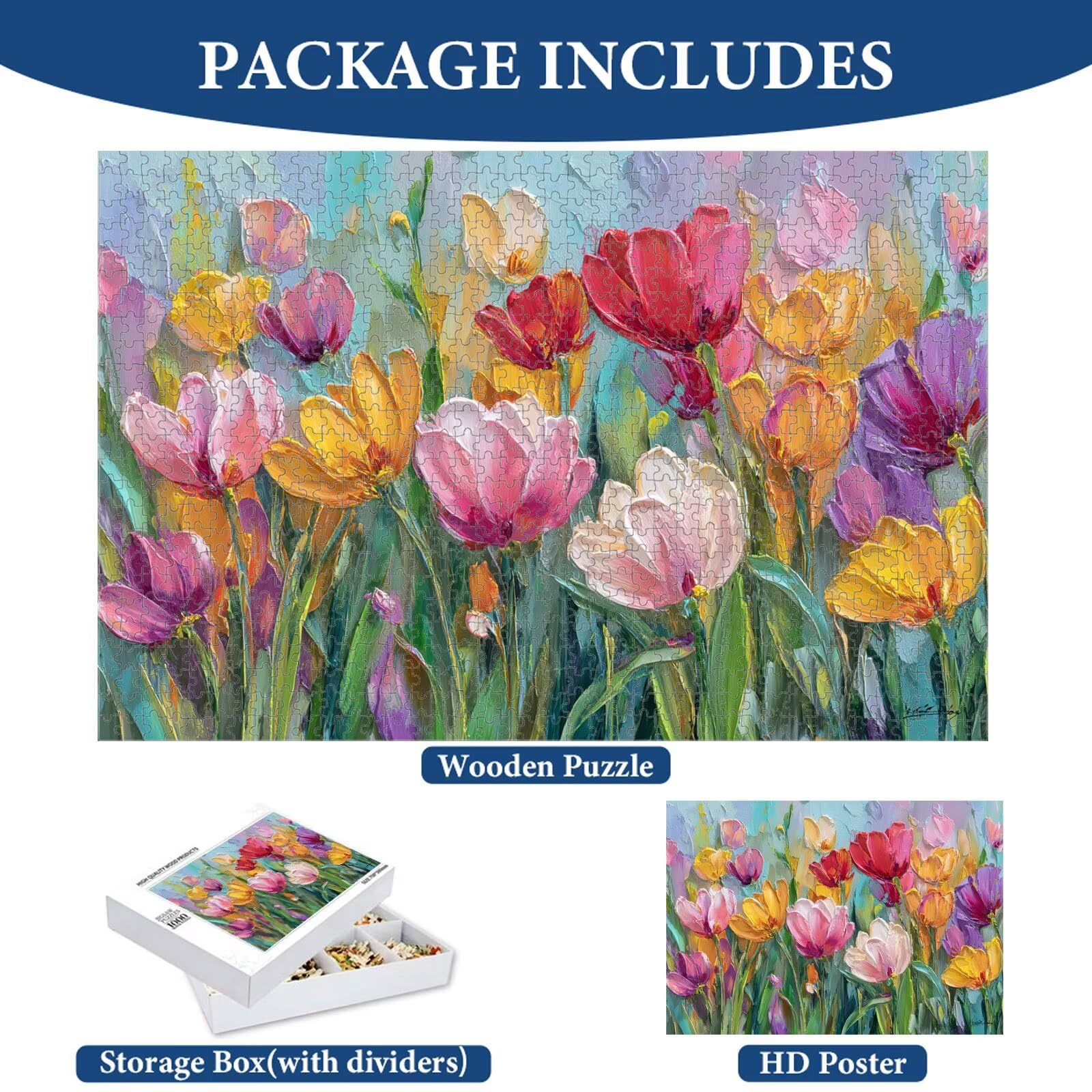 1000 Teile Puzzle für Erwachsene, Tulpe & Bunt, Robustes Holz Puzzle 1T#343