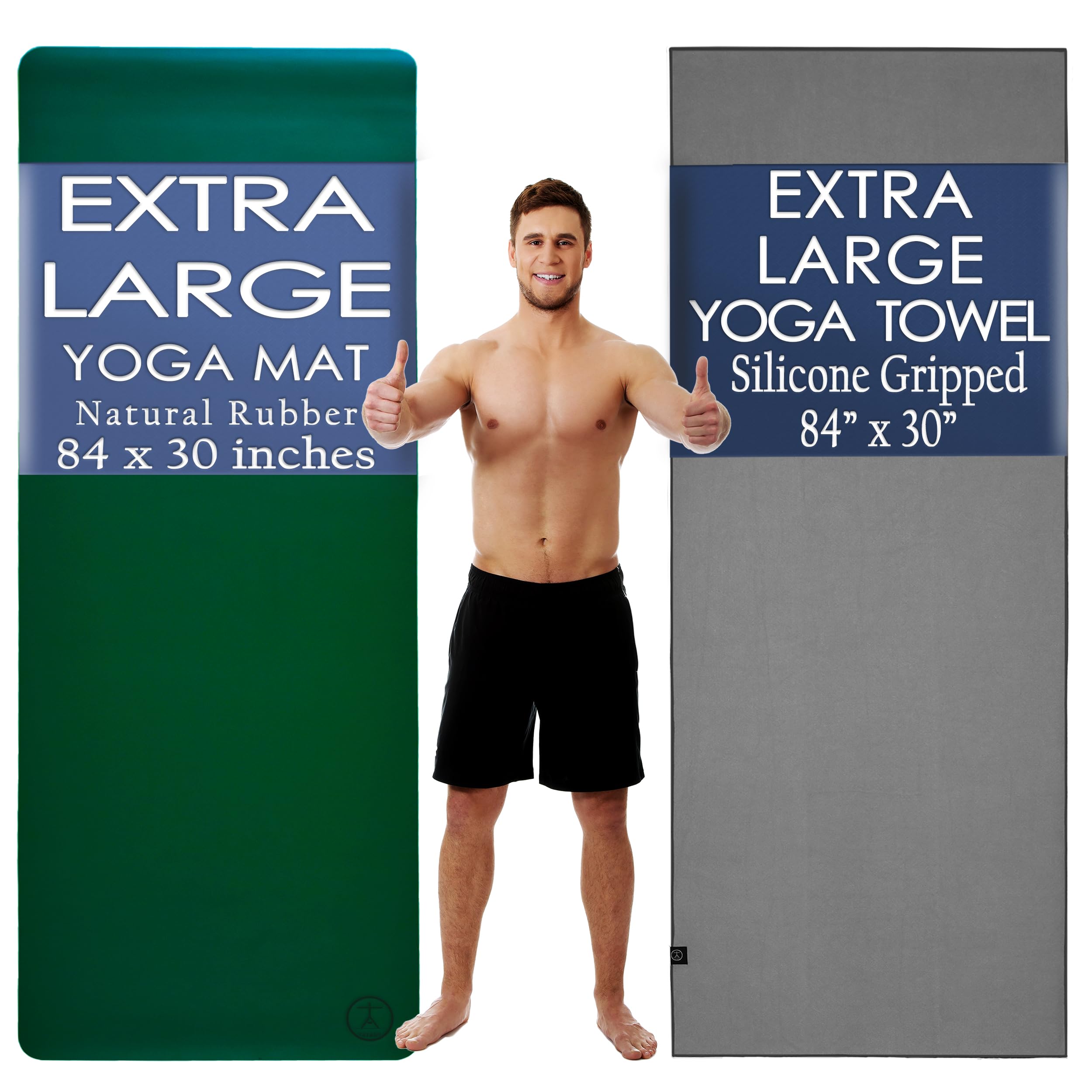 TatagoExtra Large Yoga Mat and Towel Set for Hot Yoga. Natural Rubber XL Yoga Mat & Silicone Gripped XL Yoga Towel Combo.