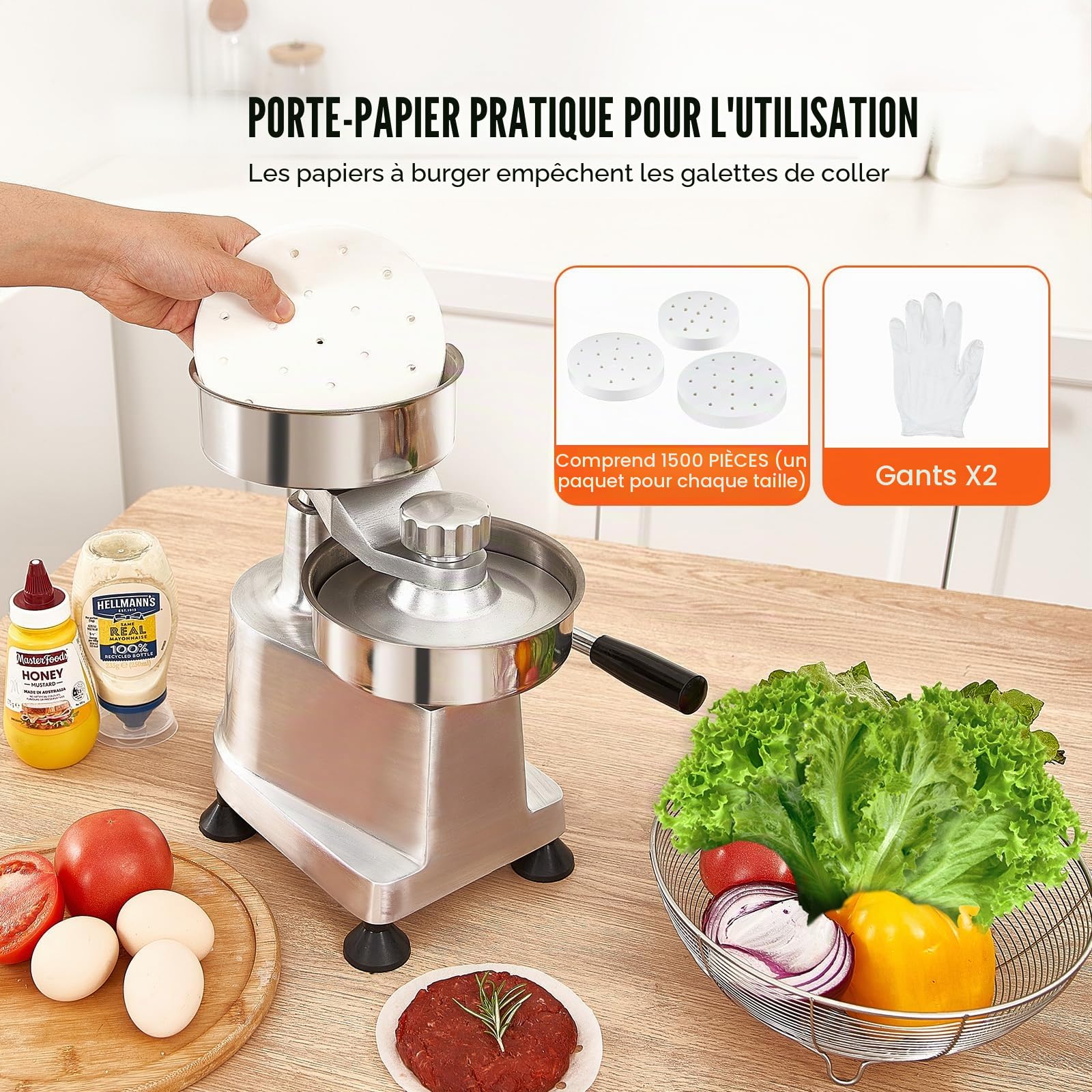 VEVOR Presse à Hamburger Commerciale 100/130/150 mm de Diamètre Machine à Burger Manuelle en INOX SUS304 Presse Steak Haché avec Poignée Ergonomique Papiers Gants pour Hamburgers Galettes Barbecue