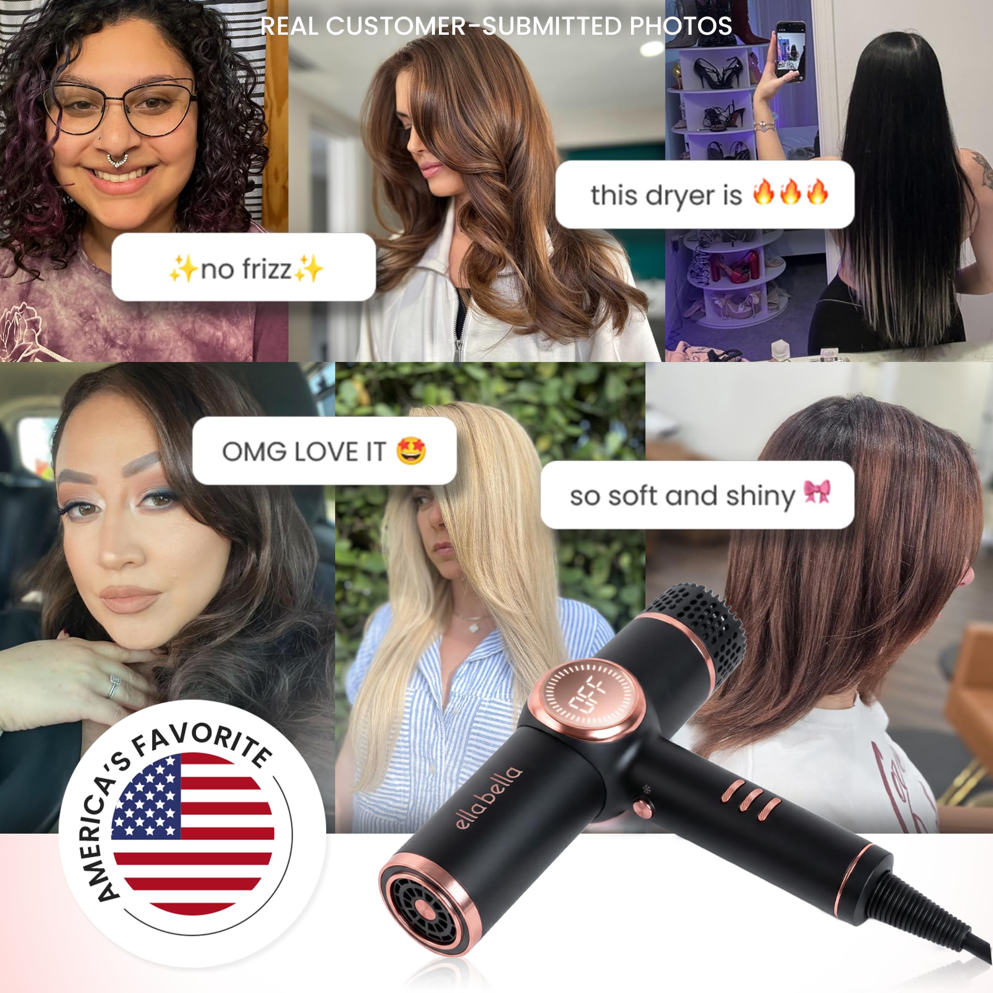 ELLA BELLA® Ionic Hair Dryer with Diffuser - Negative Ion Blow Dryer, Quiet | Professional-Grade Blow Dryer. Intelligent Heat Control & Rapid Drying, Lightweight, Low Noise, All Hair Types thumbnail 11