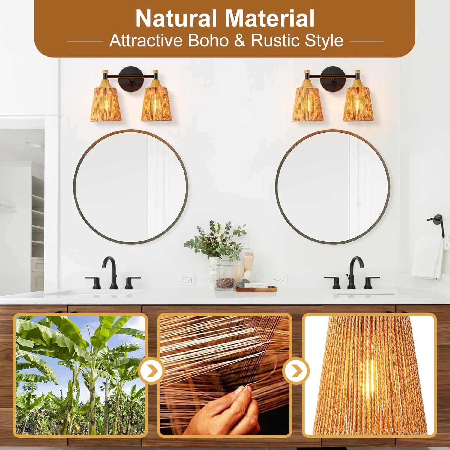 2-Light Bathroom Vanity Light, Boho Bathroom Light Fixtures Over Mirror Rattan Vanity Lighting Fixtures with Hand-Woven Lampshade Rustic Style Wall Sconce for Bedroom Living Room