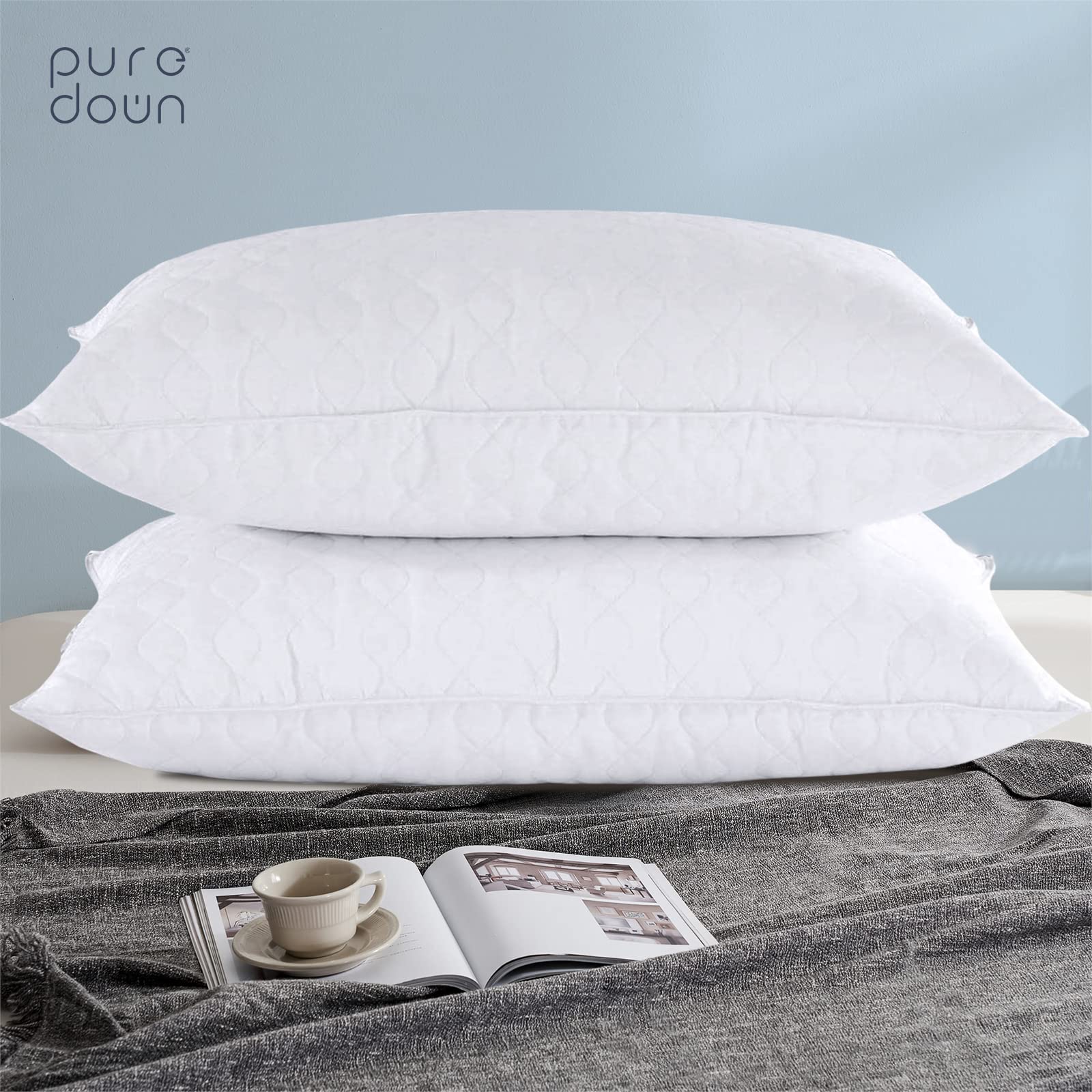 Puredown Lot De 2 Oreillers Plumes & Duvet D’Oie 50x75 Cm – Moelleux Hôtel Luxe, Housse 100% Coton, Lavables, Certifiés Oeko-Tex RDS