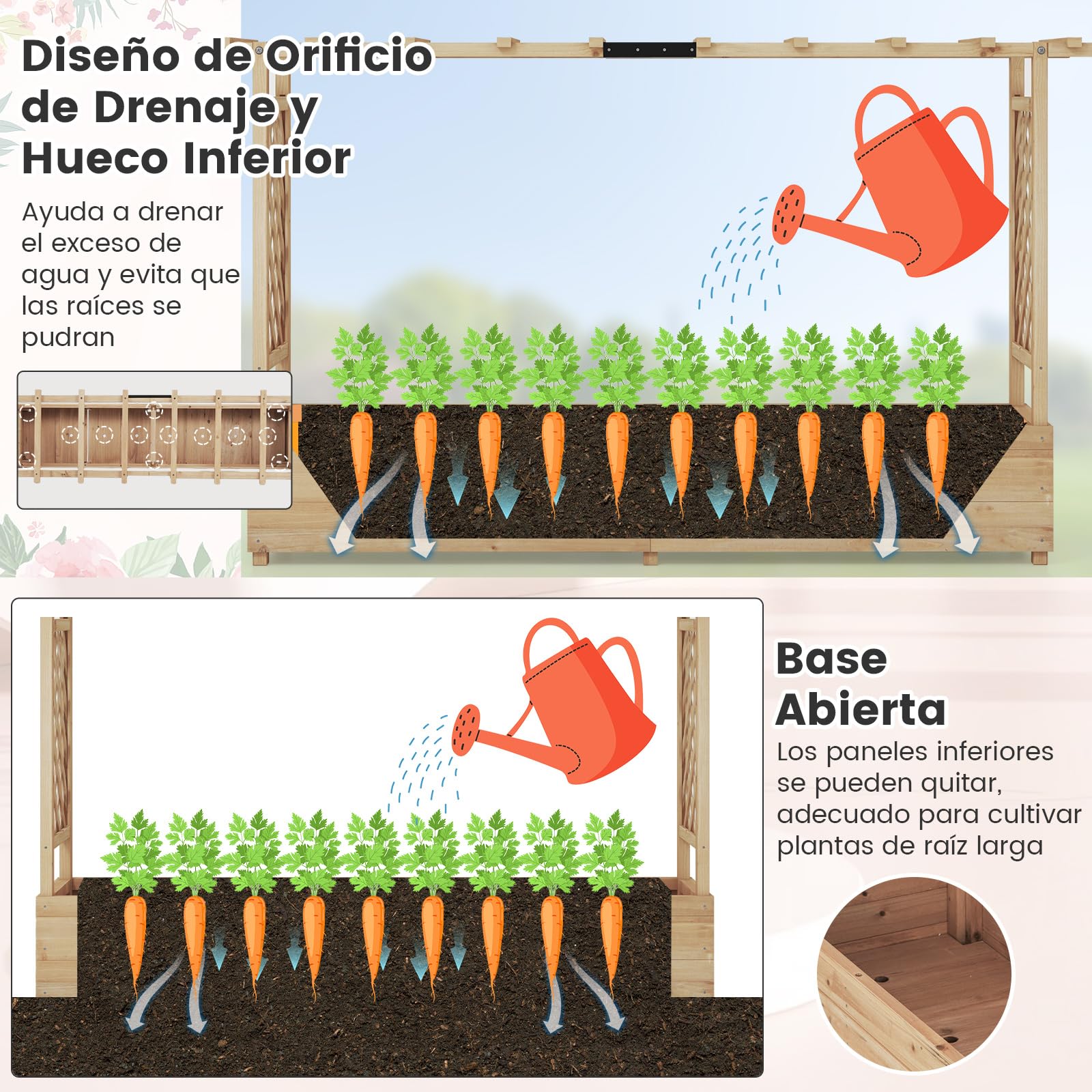 COSTWAY Jardinera Elevado con Enrejado, Techo Colgante, Macetero, Orificios de Drenaje, Contenedor Vertical para Plantas Trepadoras, Macetero de Madera para Jardín Patio (200 x 44 x 114 cm, Natural)