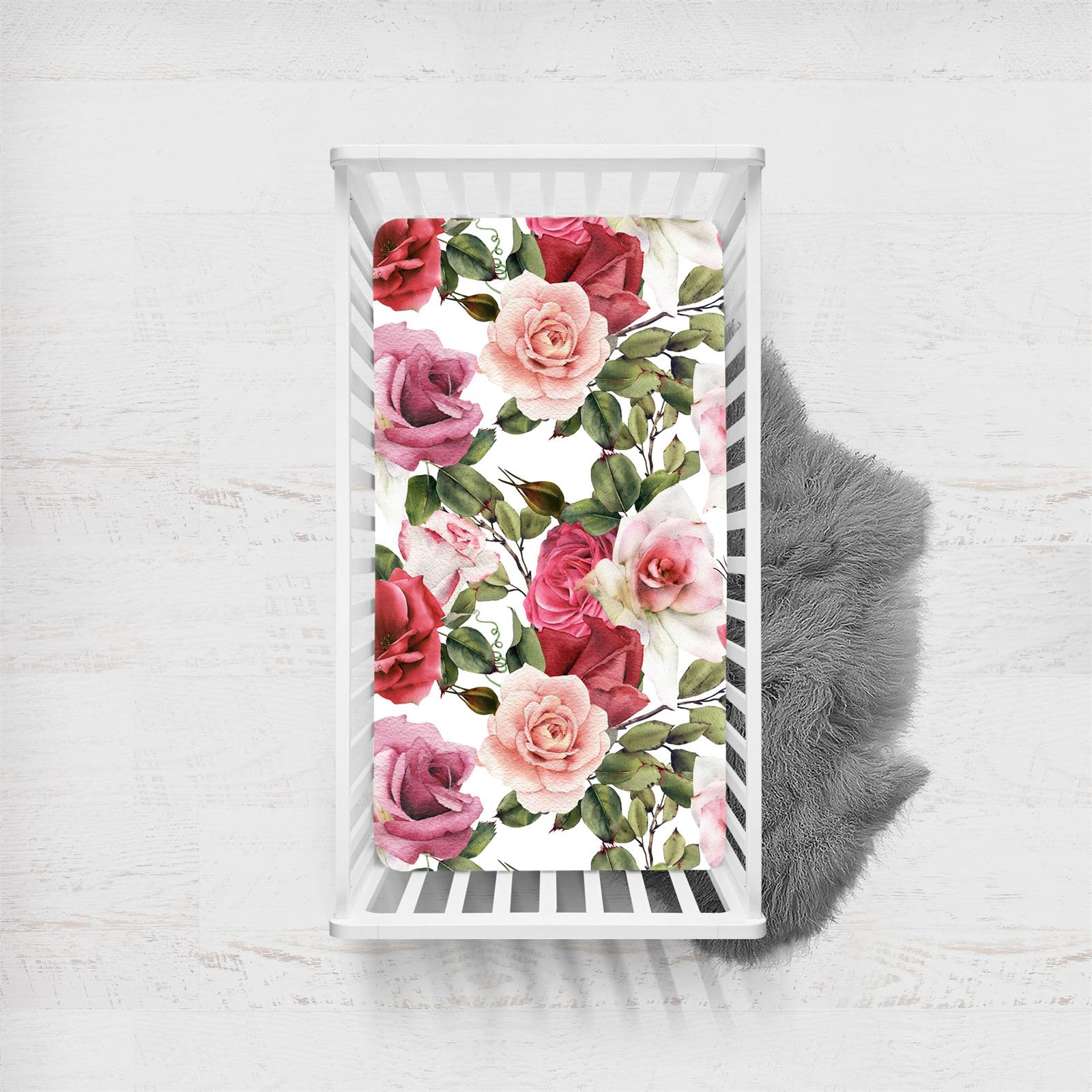 Odot Cot Bed Fitted Sheets, 3D Plants Flower Print Moses Basket Fitted Sheet Microfibre Crib Fitted Sheets Baby Bed Sheets Bassinet Sheets Cot Bed Mattress Protector (Red Rose Flower,75x33cm)