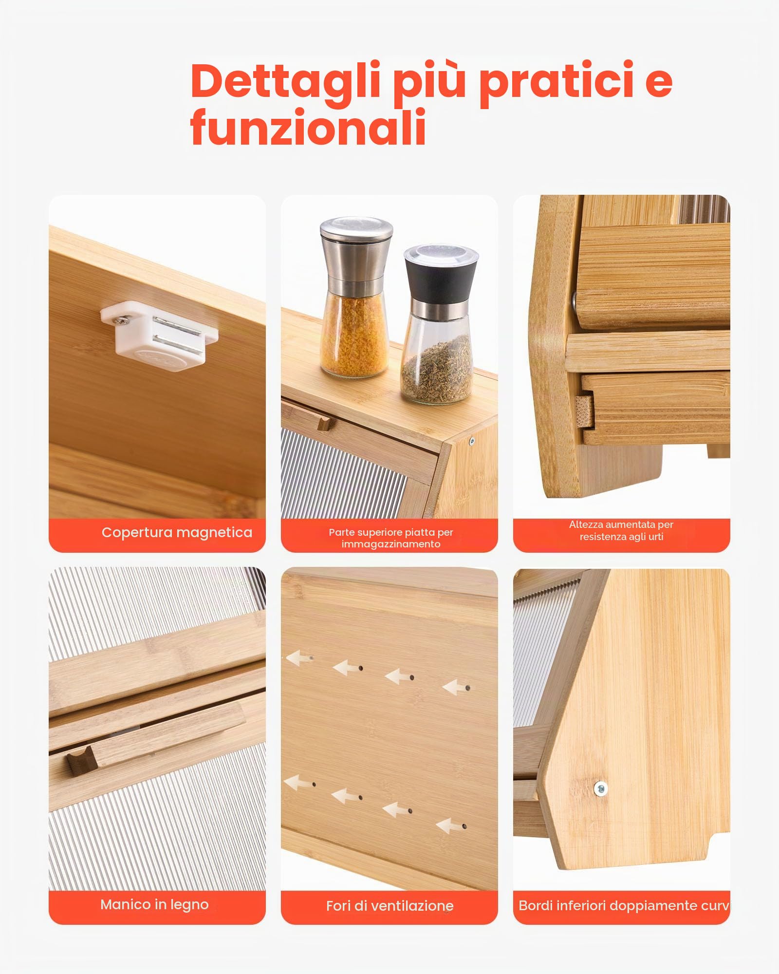VEVOR Contenitore per Pane a Doppio Strato per Bancone della Cucina 390 x 260 x 320 mm Contenitore per Pagnotta in Legno di Bambù per Pane Fatto in Casa, con Pannello Porta in Acrilico Ondulato