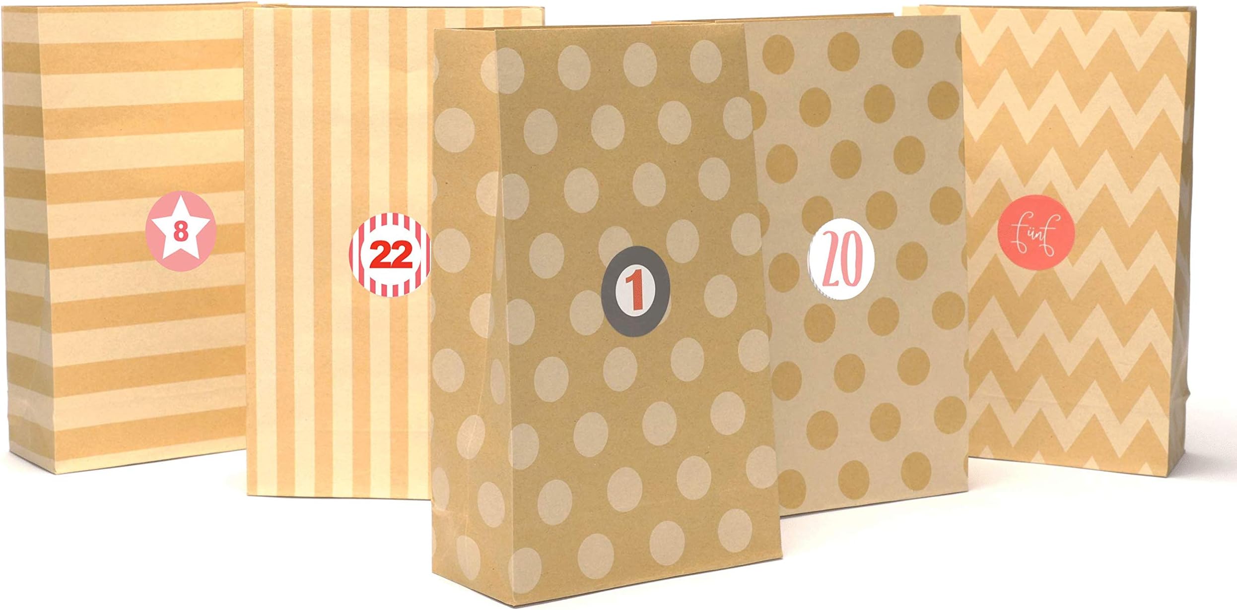 Plantvibes ® 24 Beautifully patterned Advent bags made kraft paper stickers | Paper bags ideal DIY Advent calendar | Gift bag birthday, candys & sweets (White Patterns)