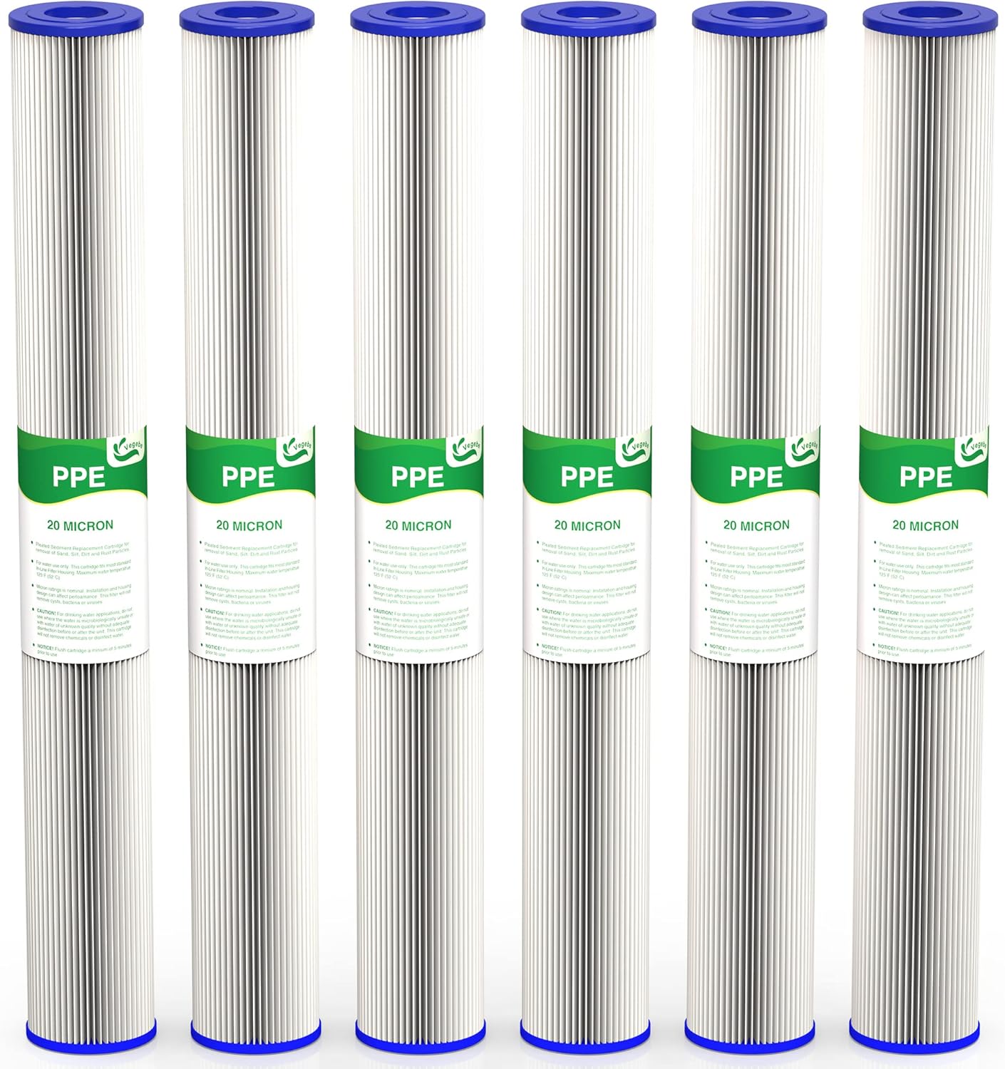 20 Micron 20-Inch Whole House Water Filter Replacement Cartridge, Pleated Sediment Water Filters 2.5" x 20" for Well Water, Compatible with ECP20-20, 255487-43, SPC-25-2020, 6 Pack