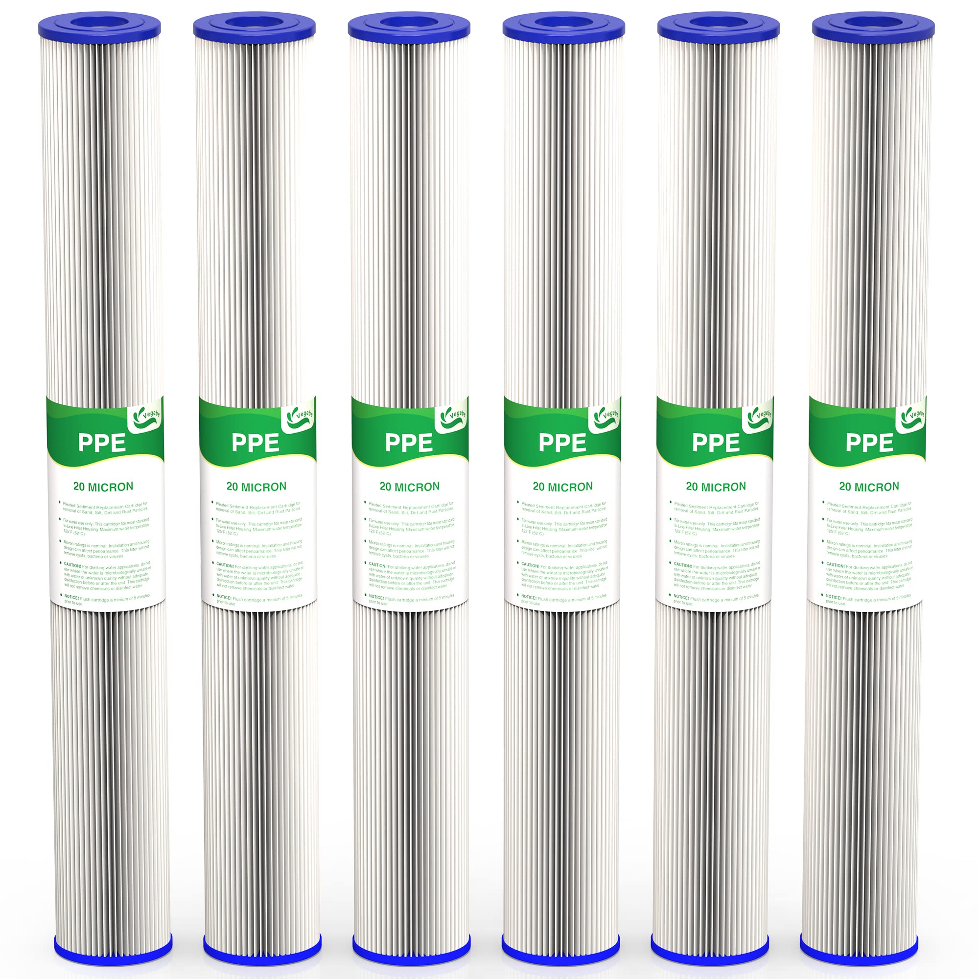 20 Micron 20-Inch Whole House Water Filter Replacement Cartridge, Pleated Sediment Water Filters 2.5" x 20" for Well Water, Compatible with ECP20-20, 255487-43, SPC-25-2020, 6 Pack