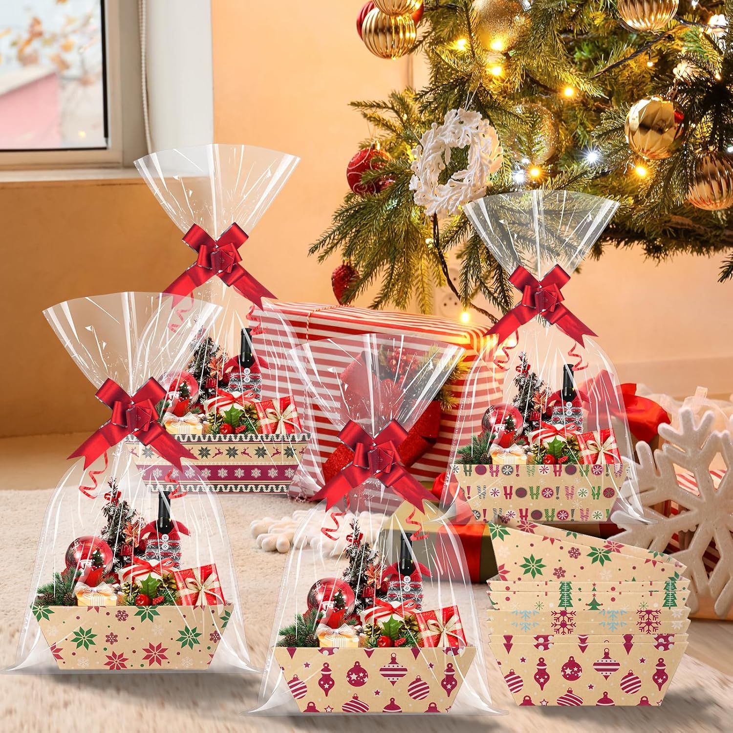 24 Set Christmas Gift Baskets Empty 10x7 Inch, Kraft Paper Christmas Gifts Baskets with Cellophane Bags and Red Pull Bows, Reusable Gift Wrapping for Xmas Holiday Winter Party Supplies