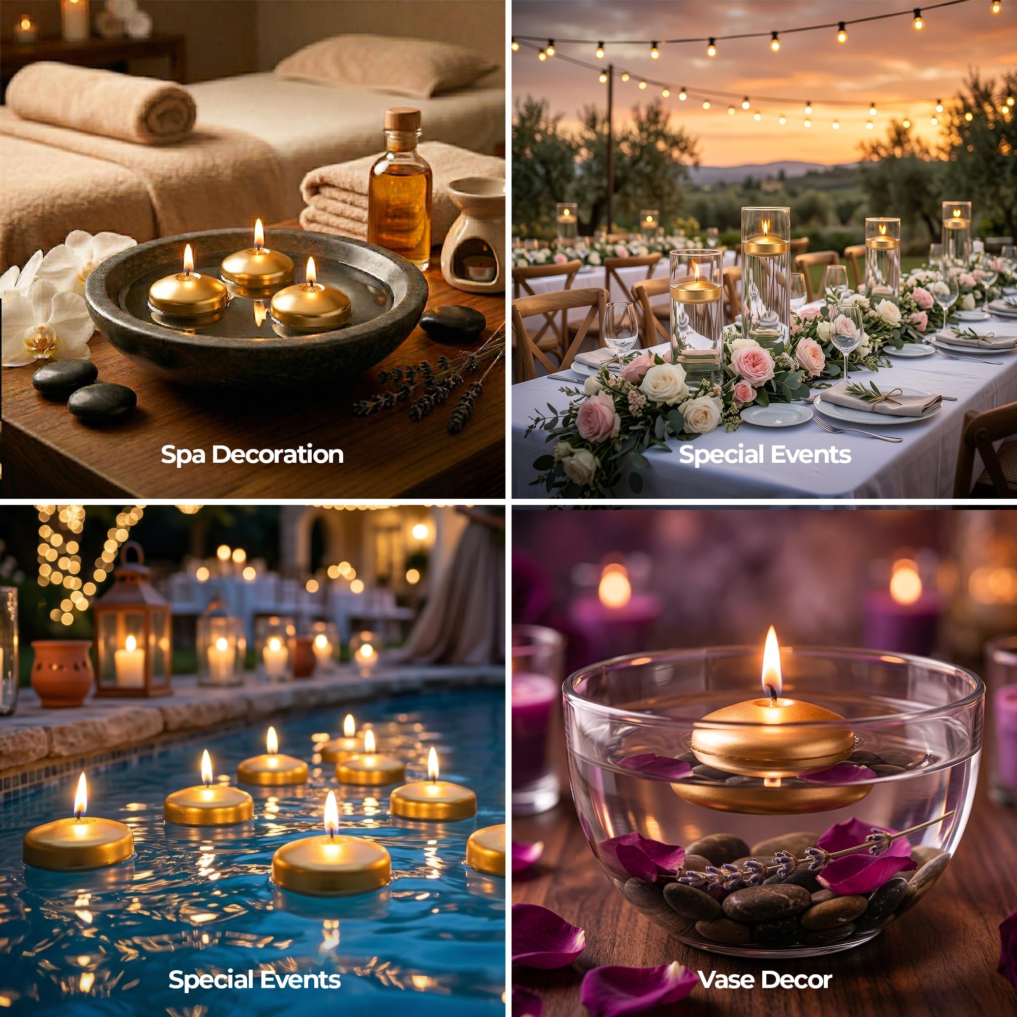 Paquete de 24 velas flotantes de 2 pulgadas, más de 4 horas, cera de parafina 100% algodón con mecha de goteo y sin humo, decoración del hogar, decoraciones de boda, decoraciones de San