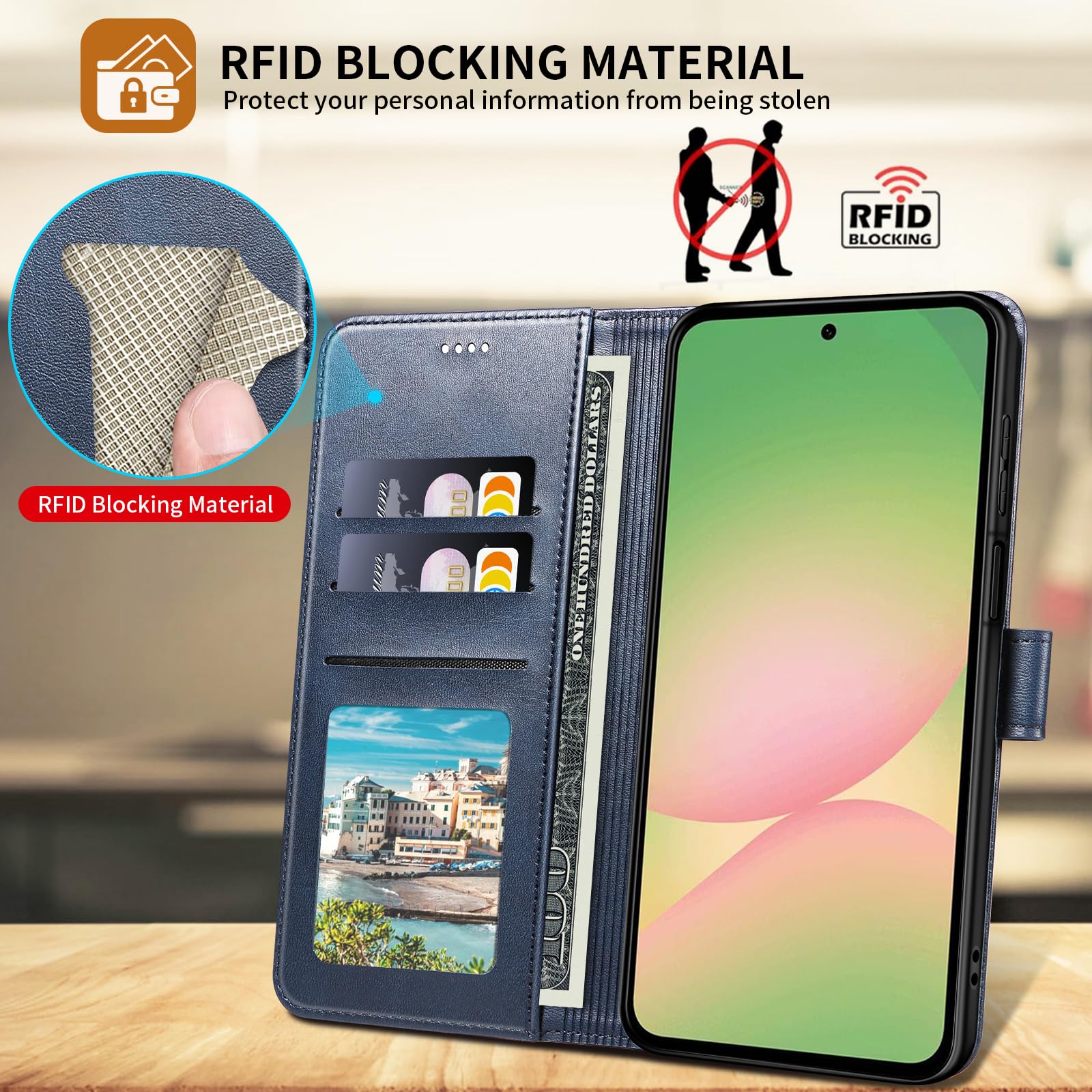 WAURZ Cover per Samsung Galaxy A56 5G Custodia Cover Pelle Libro con 2 Pellicola Vetro Temperato Protezione Schermo Portafoglio Porta Carte Antiurto Cuoio Flip Case Custodia Cover,Blu