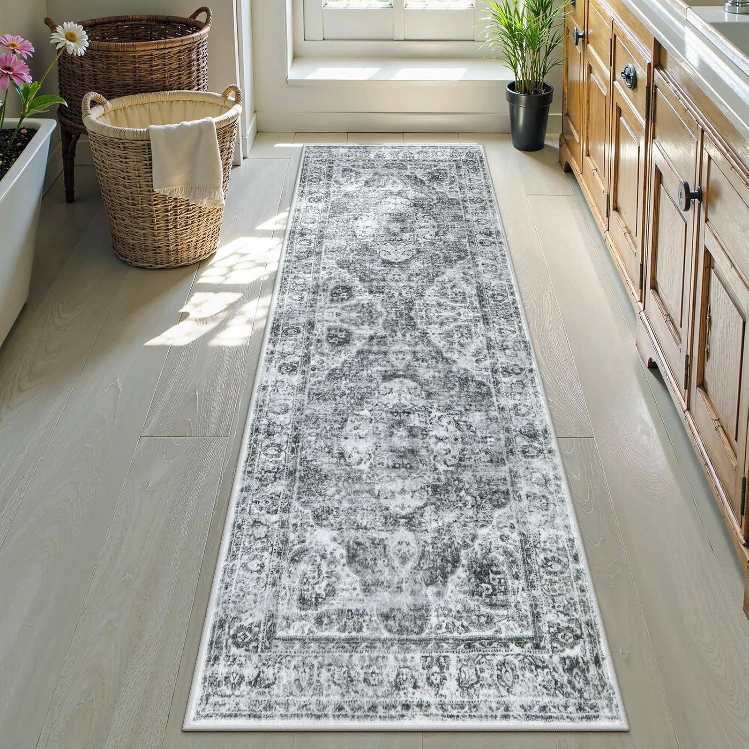 Uphome Bathroom Runner Rug, Distressed Tribal Farmhouse Gray Bathroom Mat, Large Bathroom Rugs Non Slip Washable, Oriental Retro Boho Bath Mat Runner for Bathtub Sink Hallway, 24x71 inch Grey 24 x 71 inch (Rectangular)