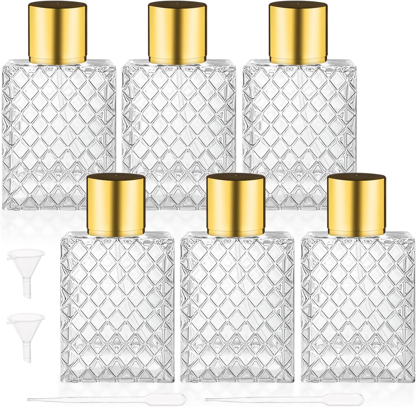 6 Pcs 100ml/3.4oz Glass Perfume Spray Bottles with Gold Lid Empty Square Fine Mist Sprayer Refillable Atomizer Pump Bottle for Water Alcohol Toner Essential Oils,2 Pipettes,2 Funnels